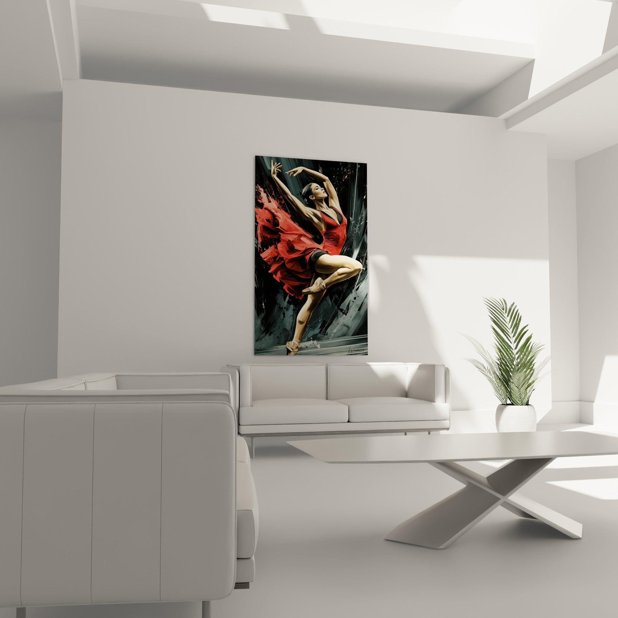 Corps cambré en robe rouge sur fond gris sombre, au-dessus d'un canapé dans un salon lumineux