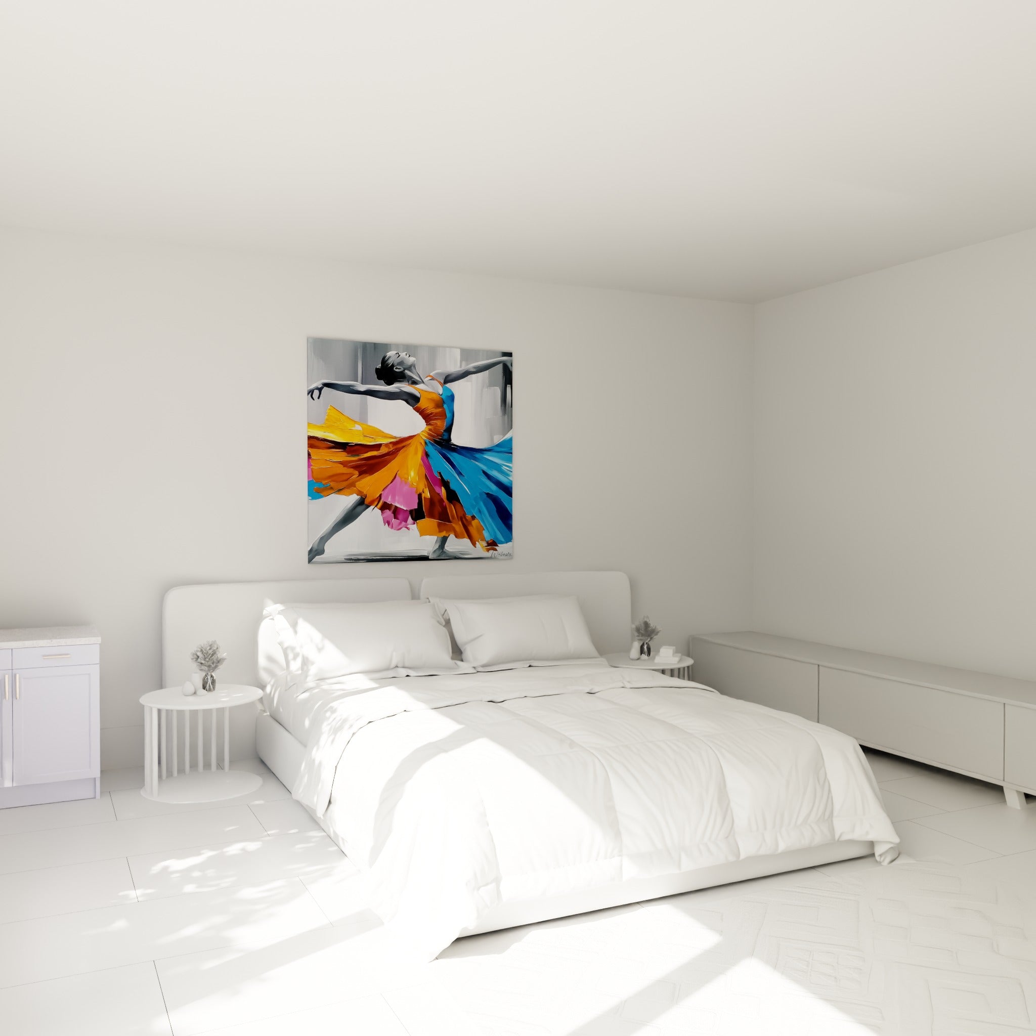 Silhouette gracieuse en robe orange et turquoise, tableau danseuse au-dessus d'un lit dans une chambre claire