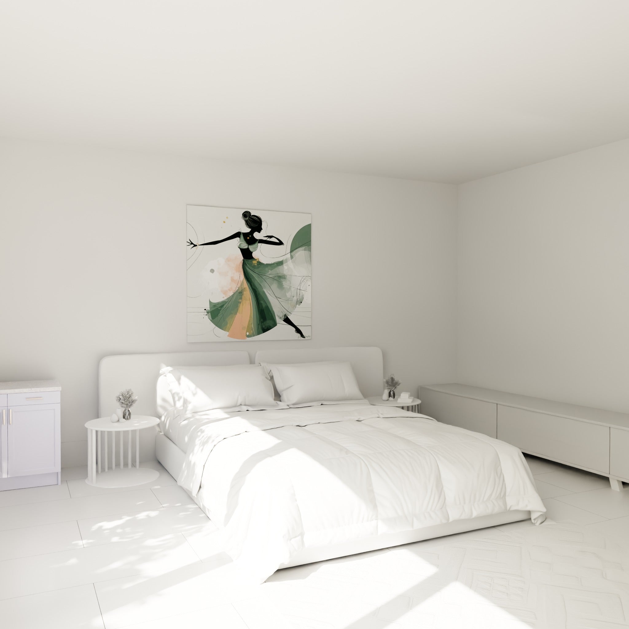 Danseuse abstrait aux teintes vert sauge et corail suspendue au-dessus d'un lit dans une chambre claire