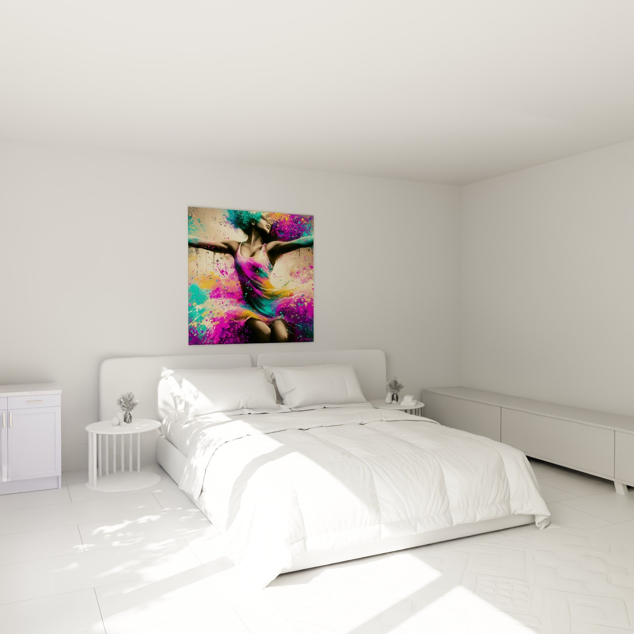 Silhouette dansante aux teintes magenta et turquoise, geste ample, au-dessus d'un lit dans une chambre claire