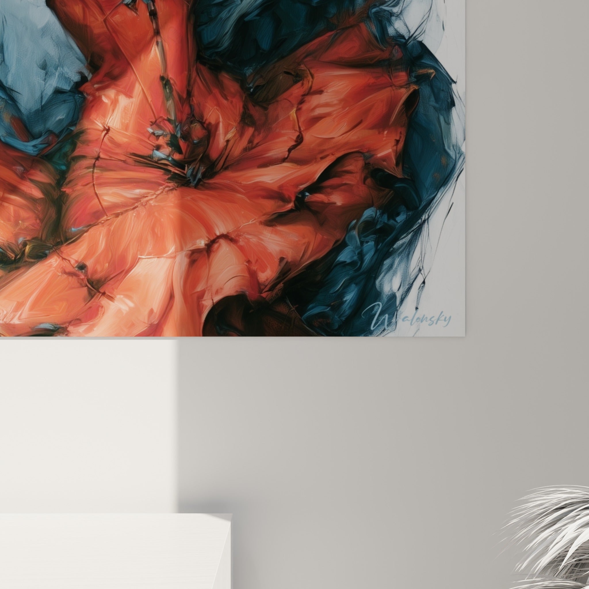 Empâtements rouges et coulures bleu ardoise visibles sur la toile, texture picturale dense et vivante