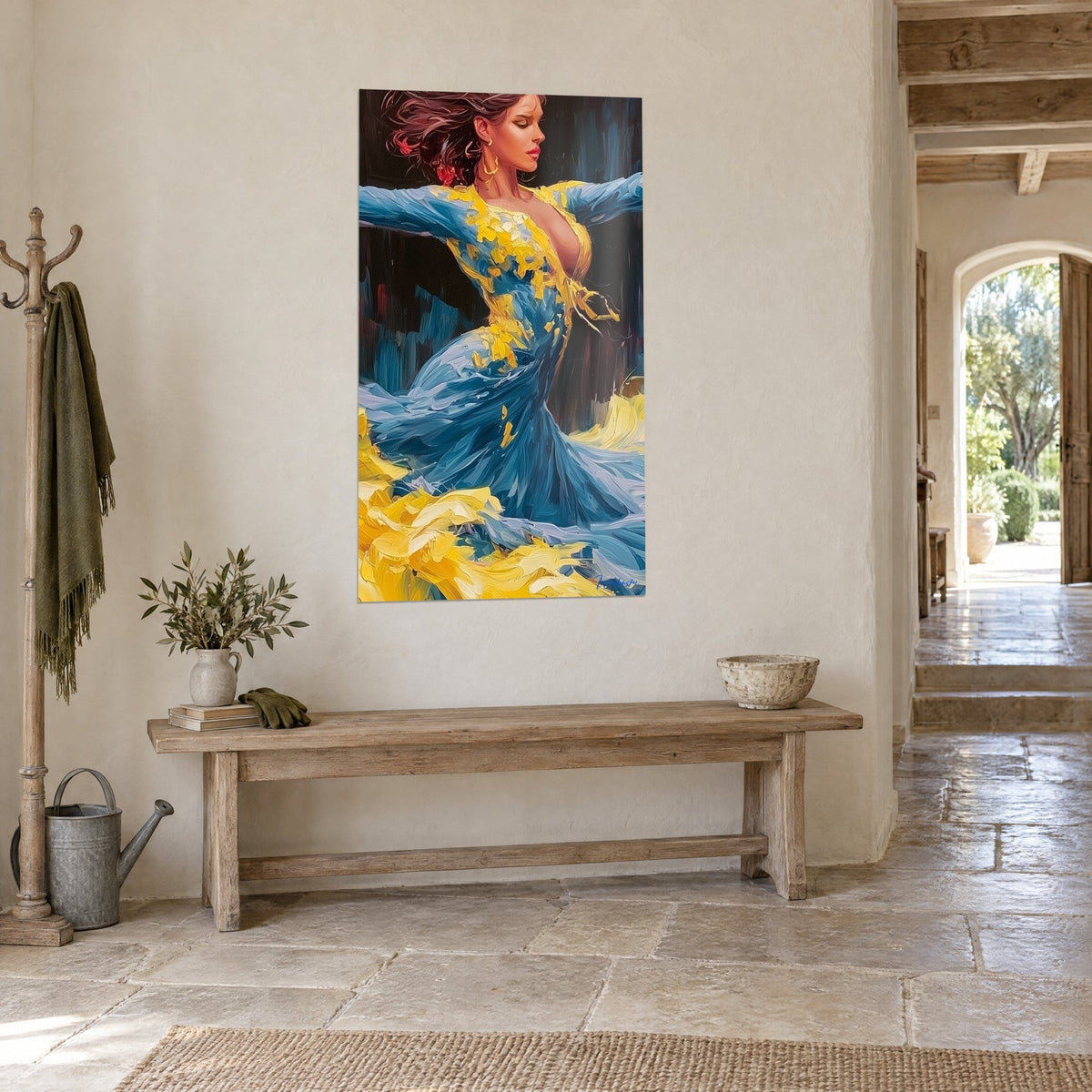 Tableau flamenca tourbillonnante, jupe volante bleue et jaune en empâtements, cheveux au vent, vue de trois-quarts près d'un banc en bois