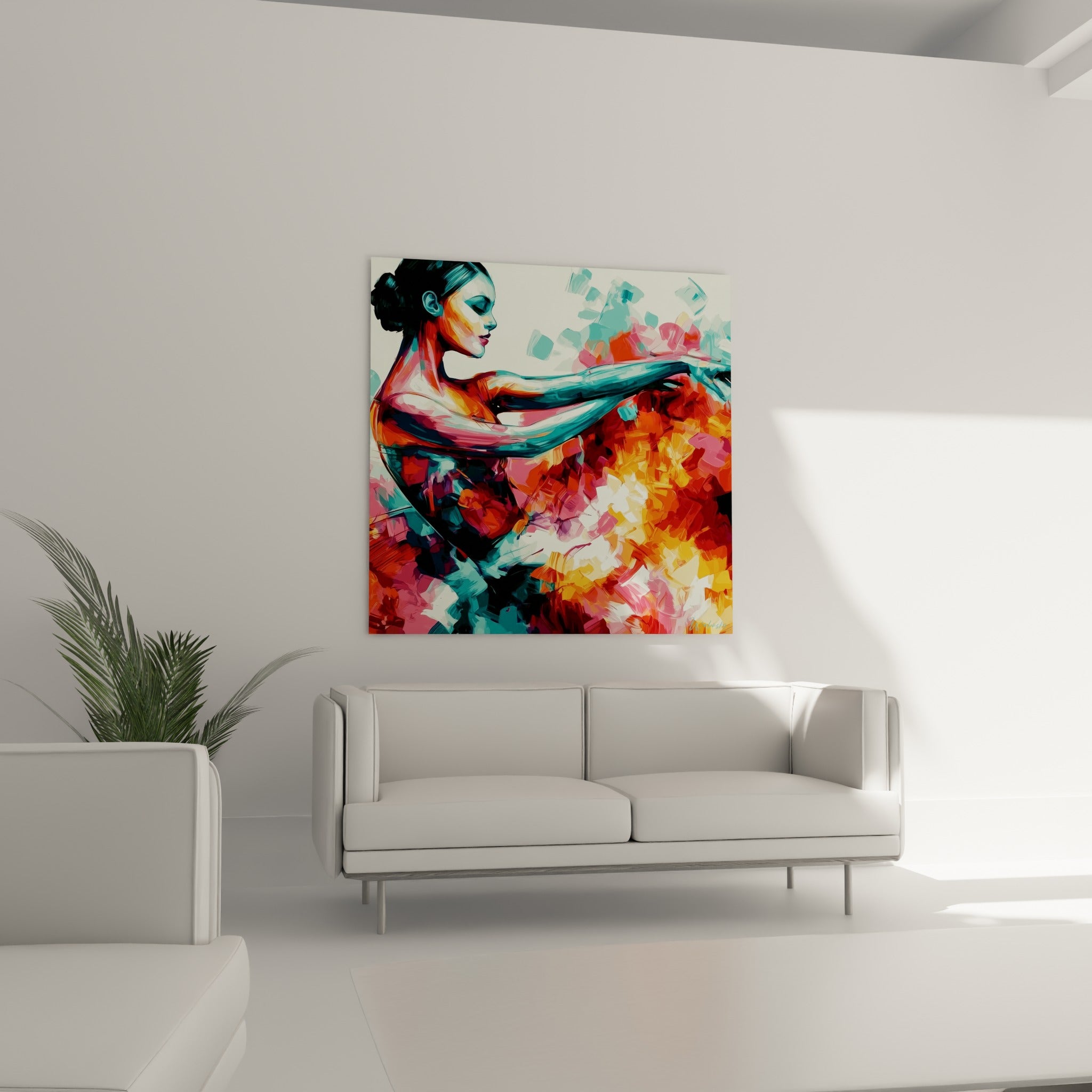 Geste gracieux d'une danseuse aux couleurs orangé et bleu, au-dessus d'un canapé dans un salon lumineux