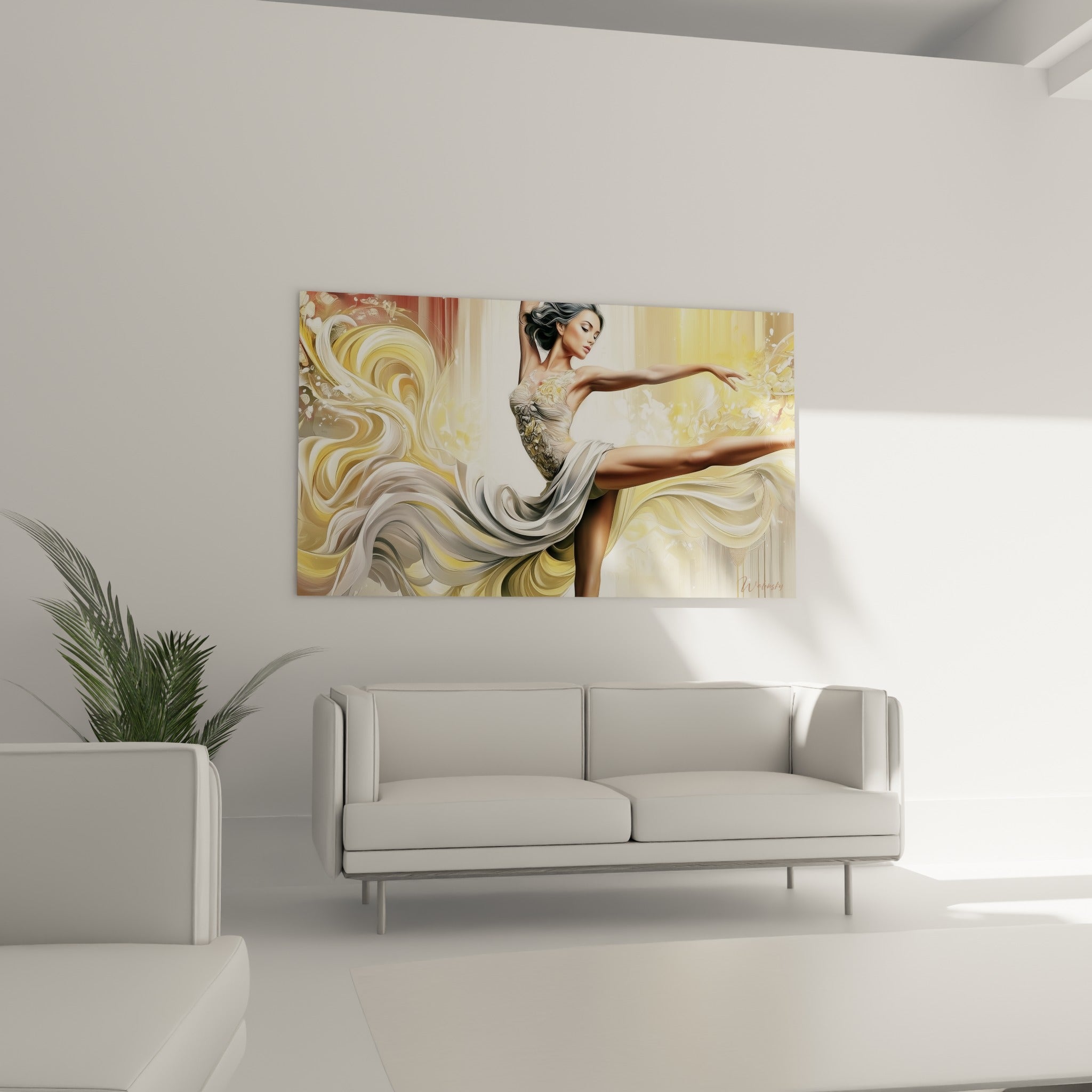 Danseuse en mouvement, robe ivoire et dorée, jambe tendue, disposée au-dessus d'un canapé dans un salon lumineux