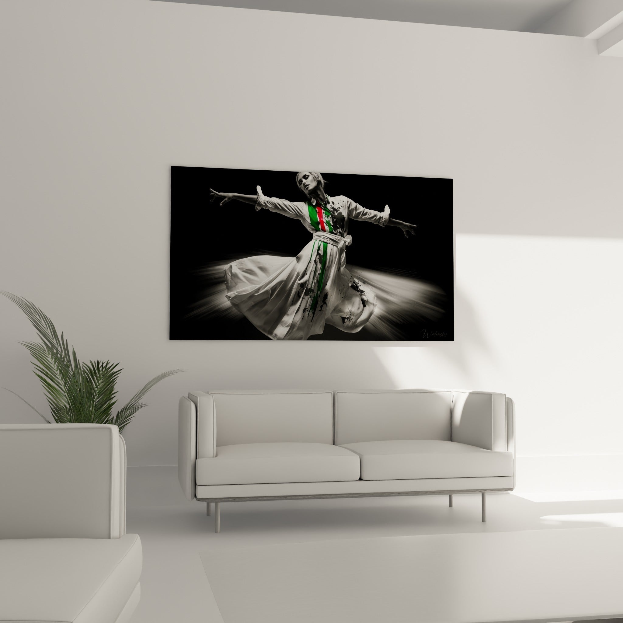 Figure féminine tourbillonnante en blanc et rouge, contraste graphique noir, au-dessus d'un canapé dans un salon lumineux