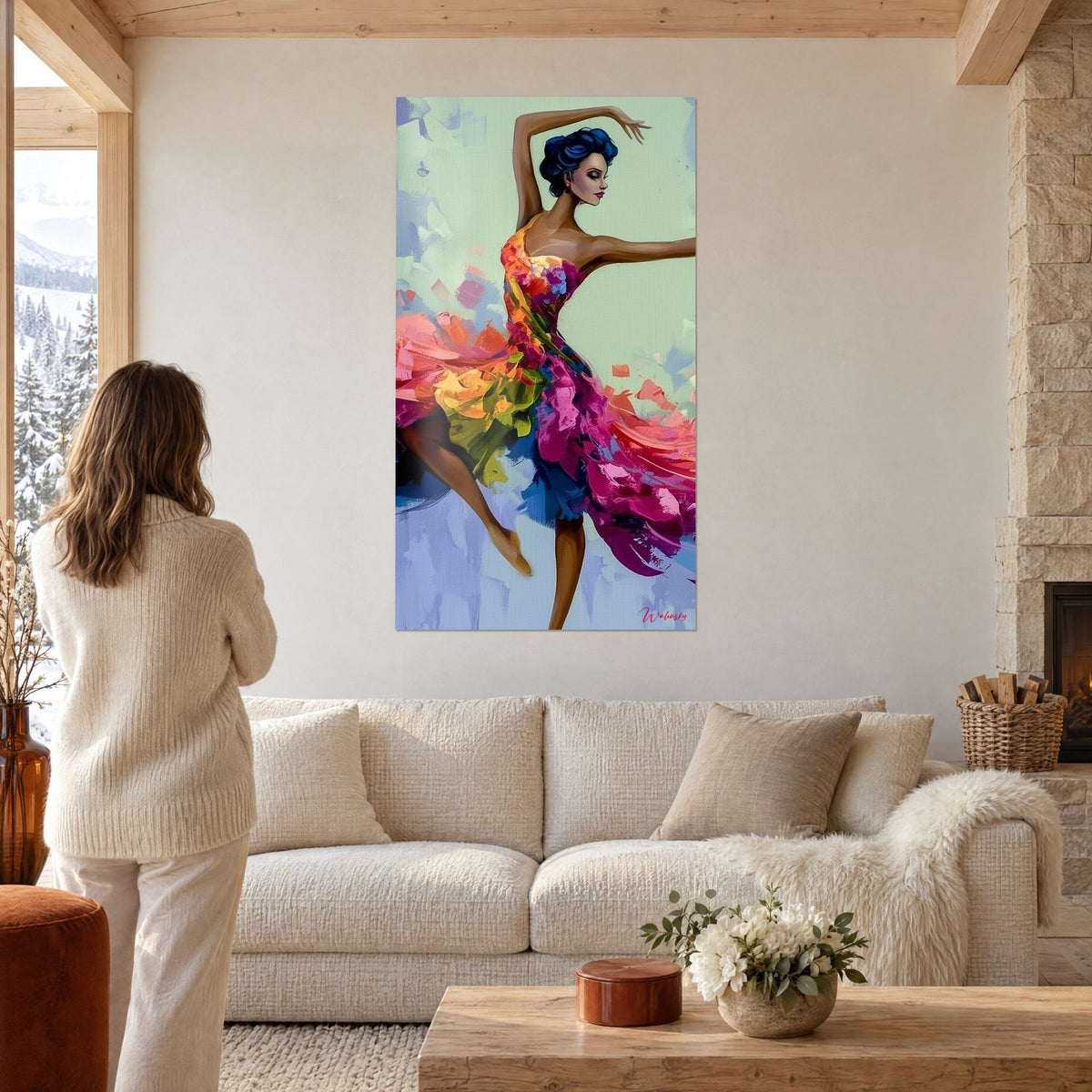 Tableau danseuse bras levé en robe fuchsia et vert anis, cheveux bleu nuit, au-dessus d'un canapé dans un salon lumineux
