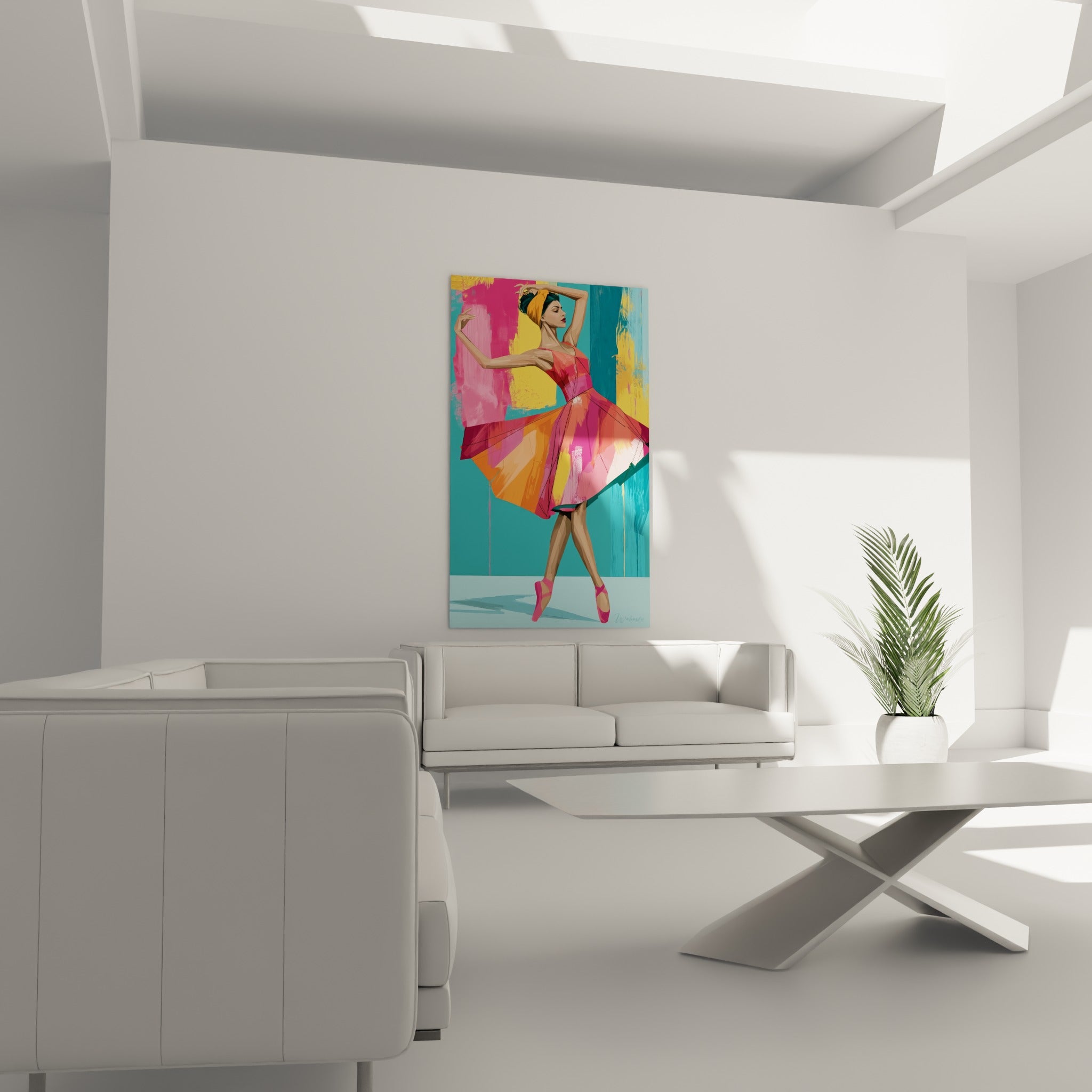 Silhouette gracieuse en robe rose et orange, posée au-dessus d'un canapé dans un salon lumineux