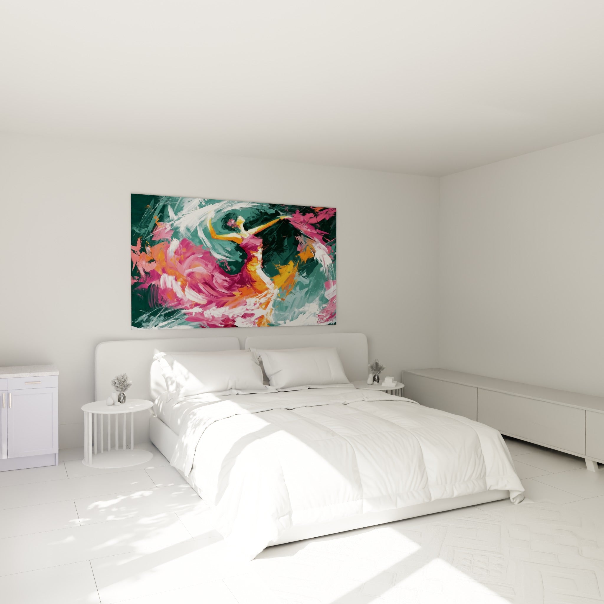 Silhouette tourbillonnante en rose et orange vif, au-dessus d'un lit dans une chambre claire