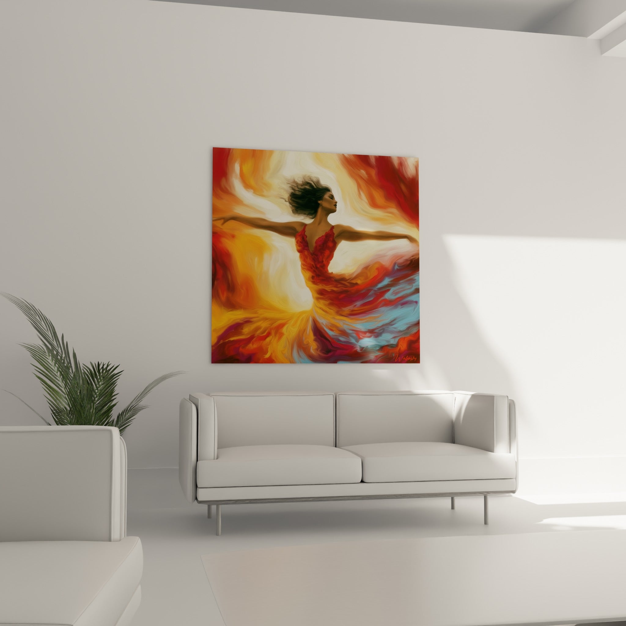 Femme en mouvement dans une robe orangée et bleue, posture d'envol, au-dessus d'un canapé dans un salon lumineux