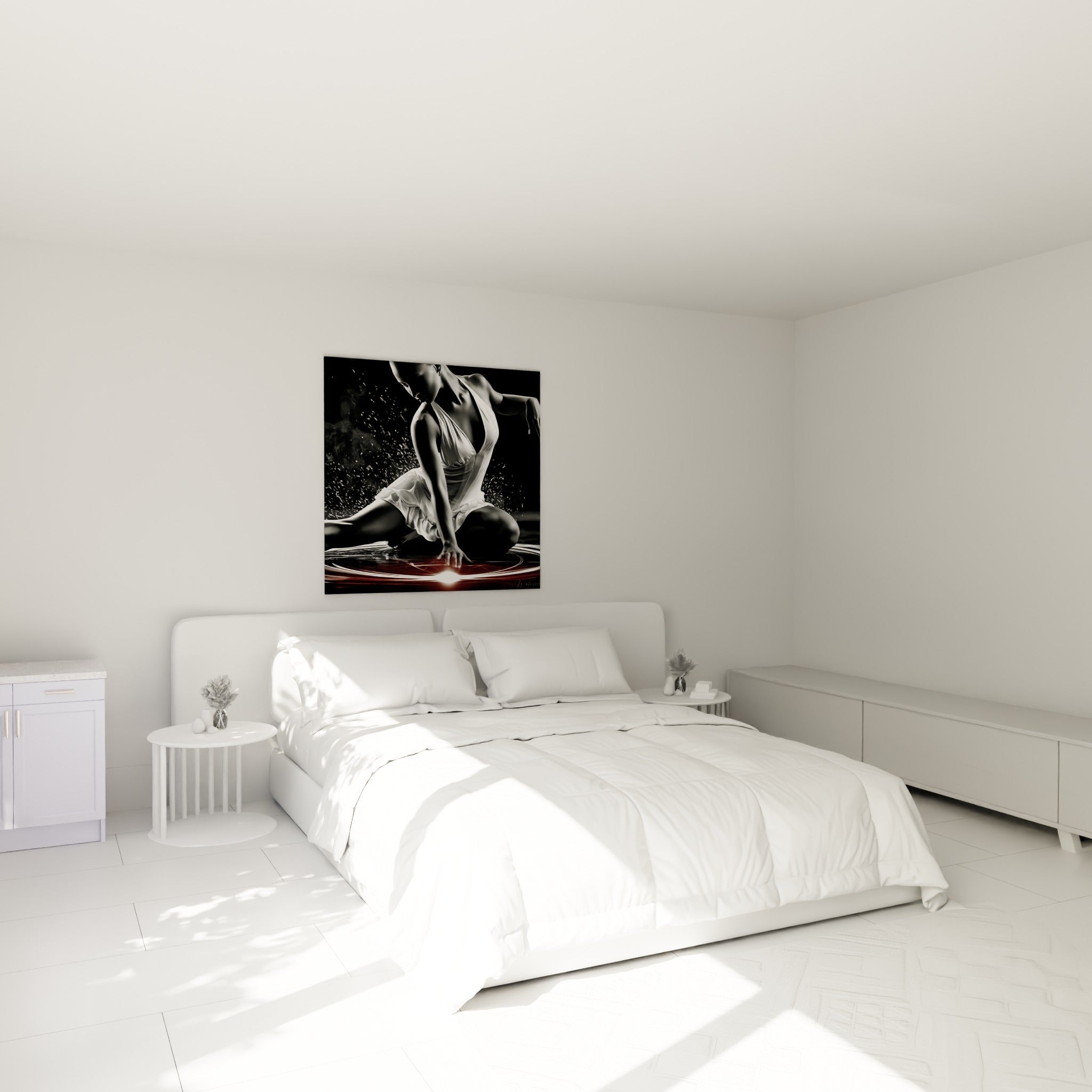 Silhouette dansante en blanc et noir avec onde rouge lumineuse, au-dessus d'un lit dans une chambre claire
