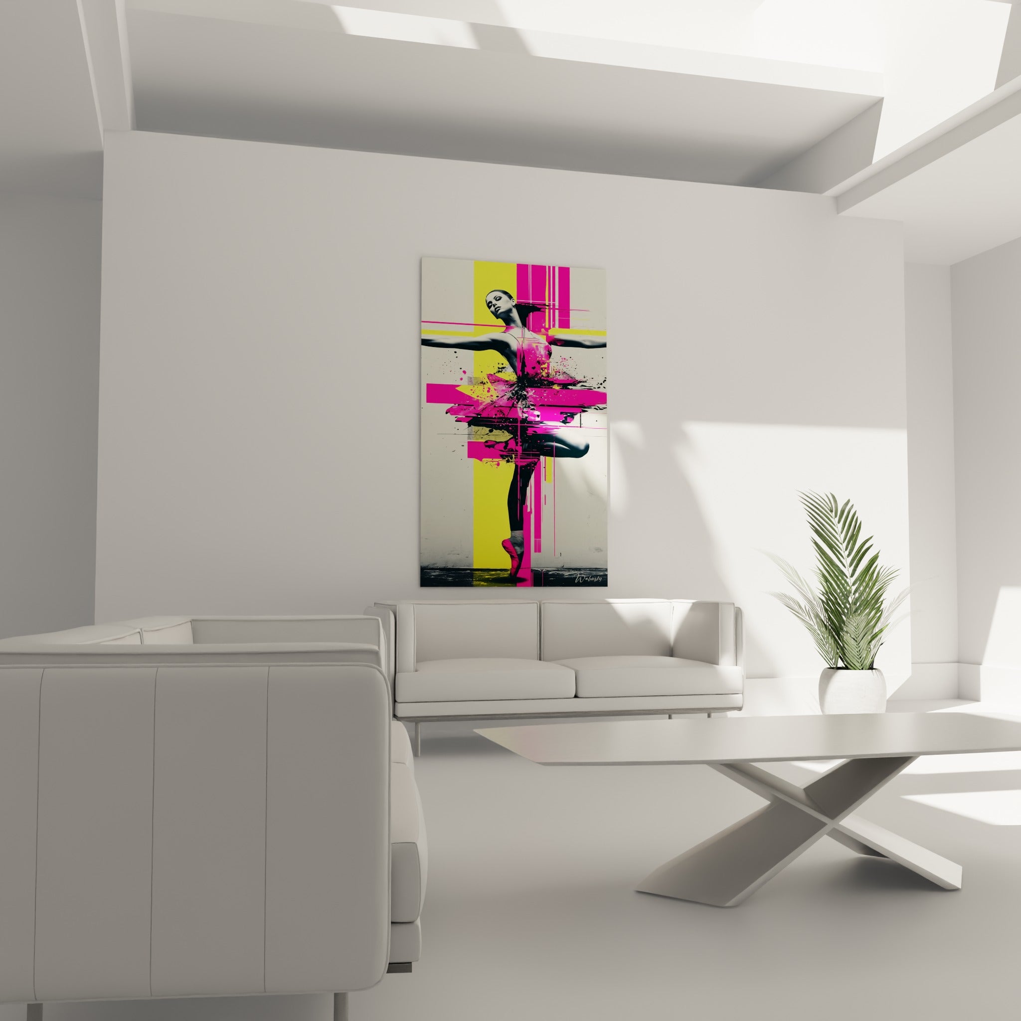Silhouette dansante noir et blanc du tableau Danseuse abstrait au-dessus d'un canapé dans un salon lumineux