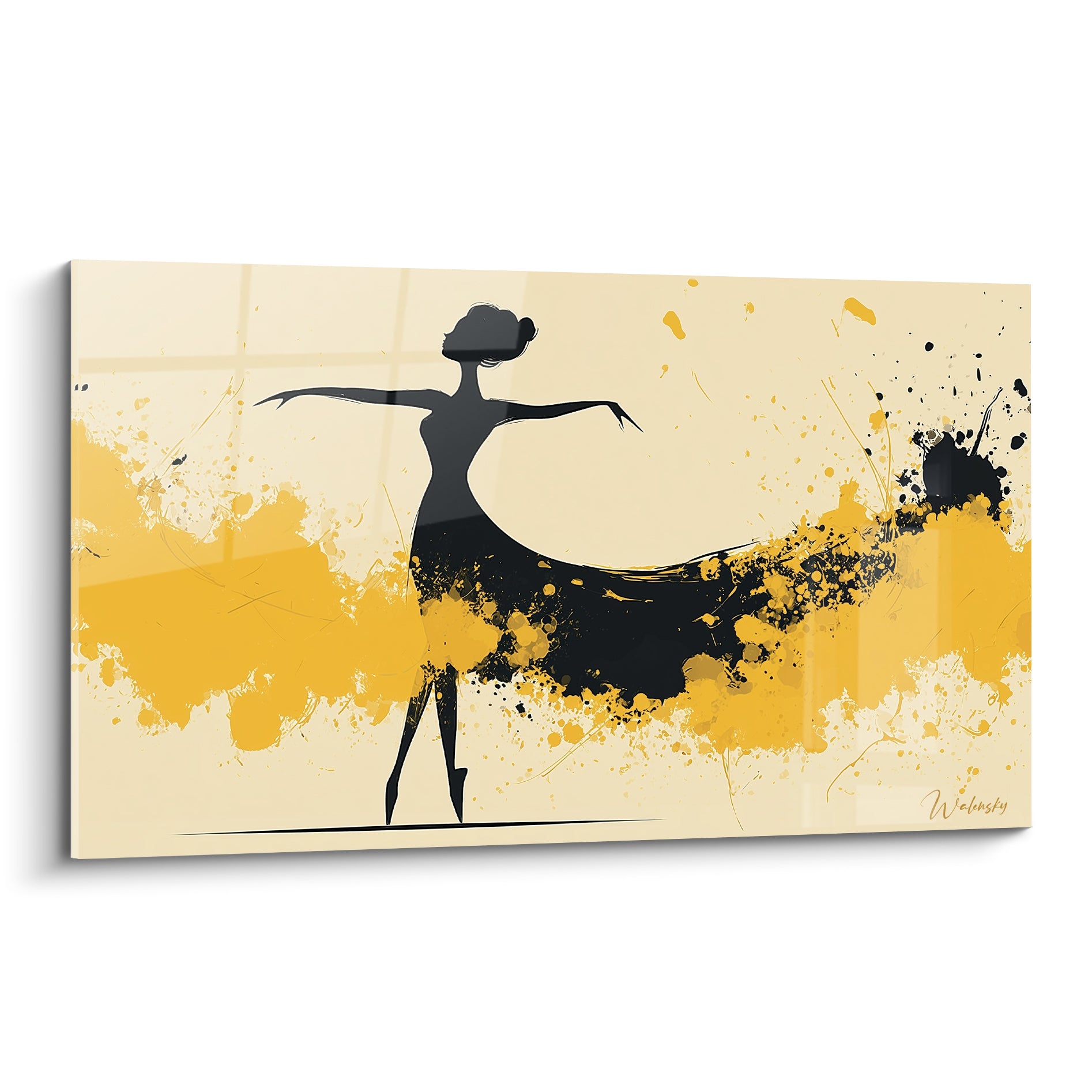 Danseuse abstrait en silhouette noire, bras ouverts, robe fondue en éclaboussures dorées sur fond crème