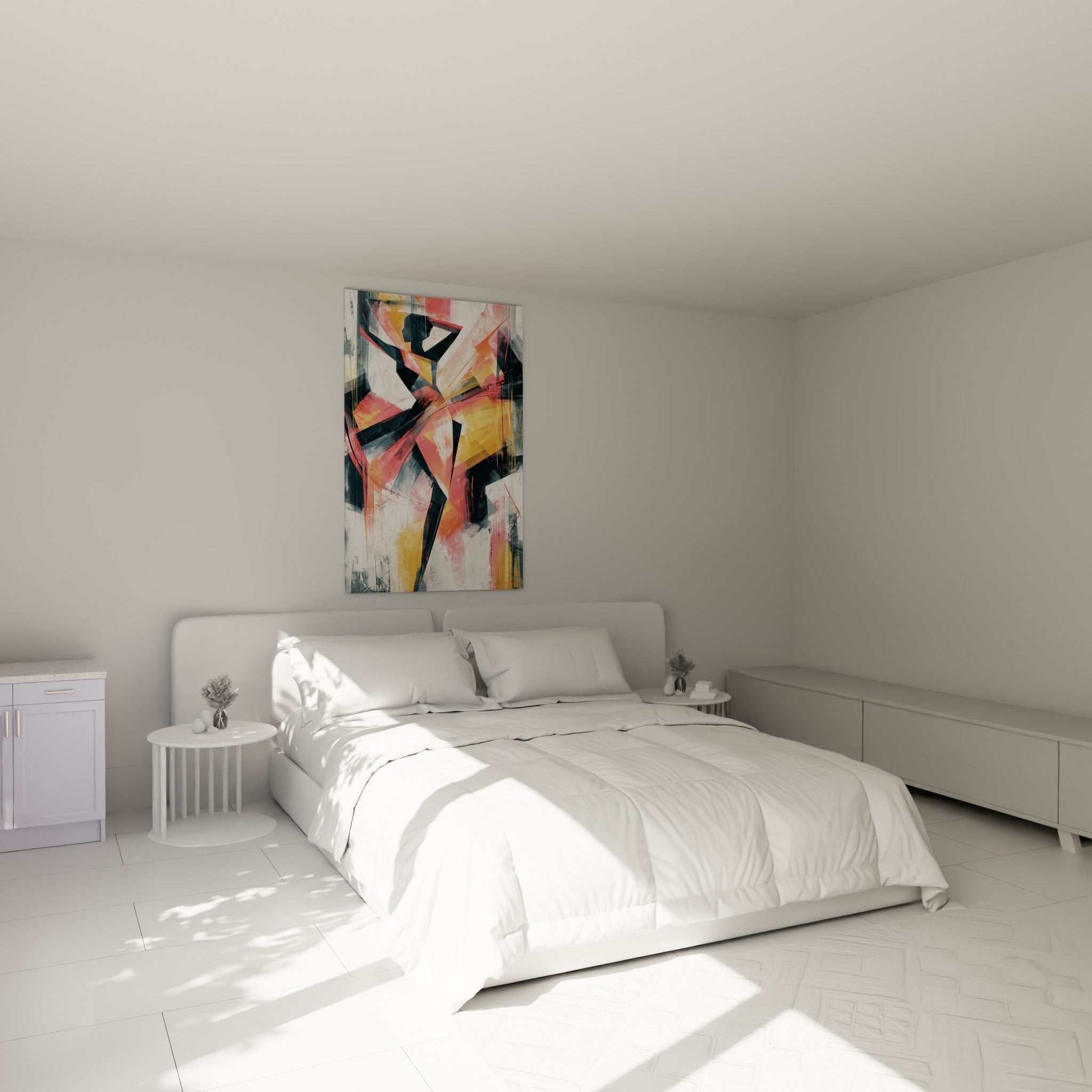 Silhouette de danseuse abstrait corail et anthracite au-dessus d'un lit dans une chambre claire