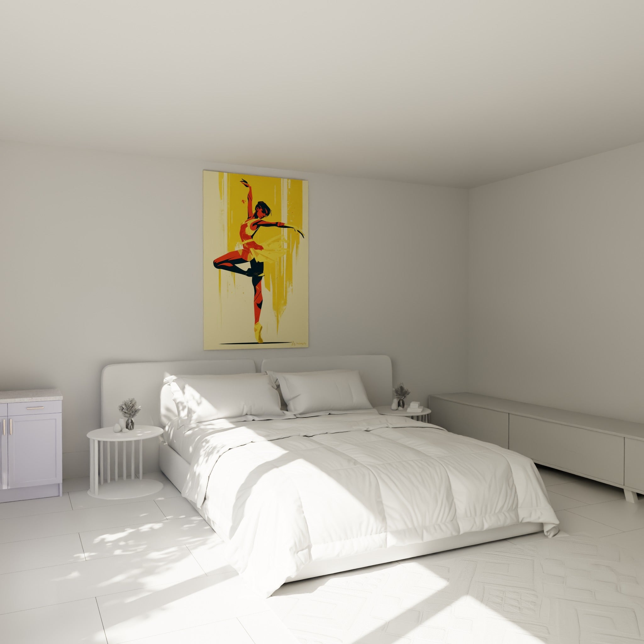 Ballerine stylisée en orange et jaune pâle, bras levé gracieux, au-dessus d'un lit dans une chambre claire