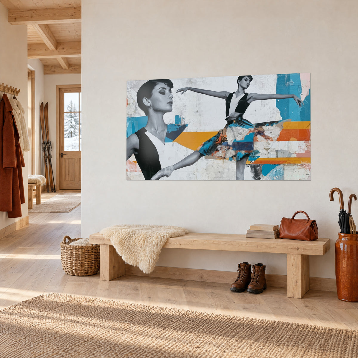 Tableau ballerine bras tendus, double portrait gris et bleu turquoise, bande jaune moutarde, mur beige d'une entrée de chalet