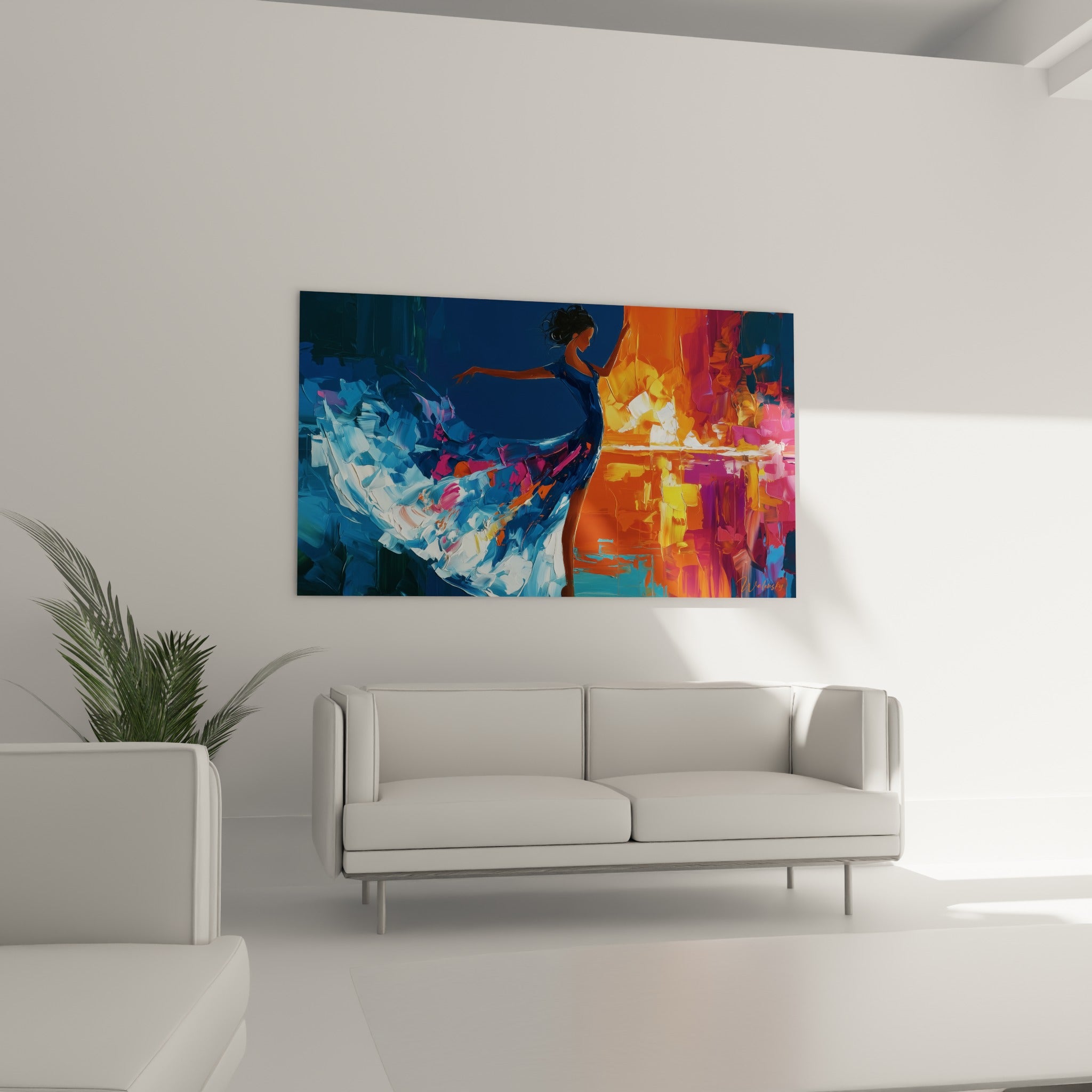 Mouvement fluide d'une danseuse entre bleu marine et orange incandescent, au-dessus d'un canapé dans un salon lumineux