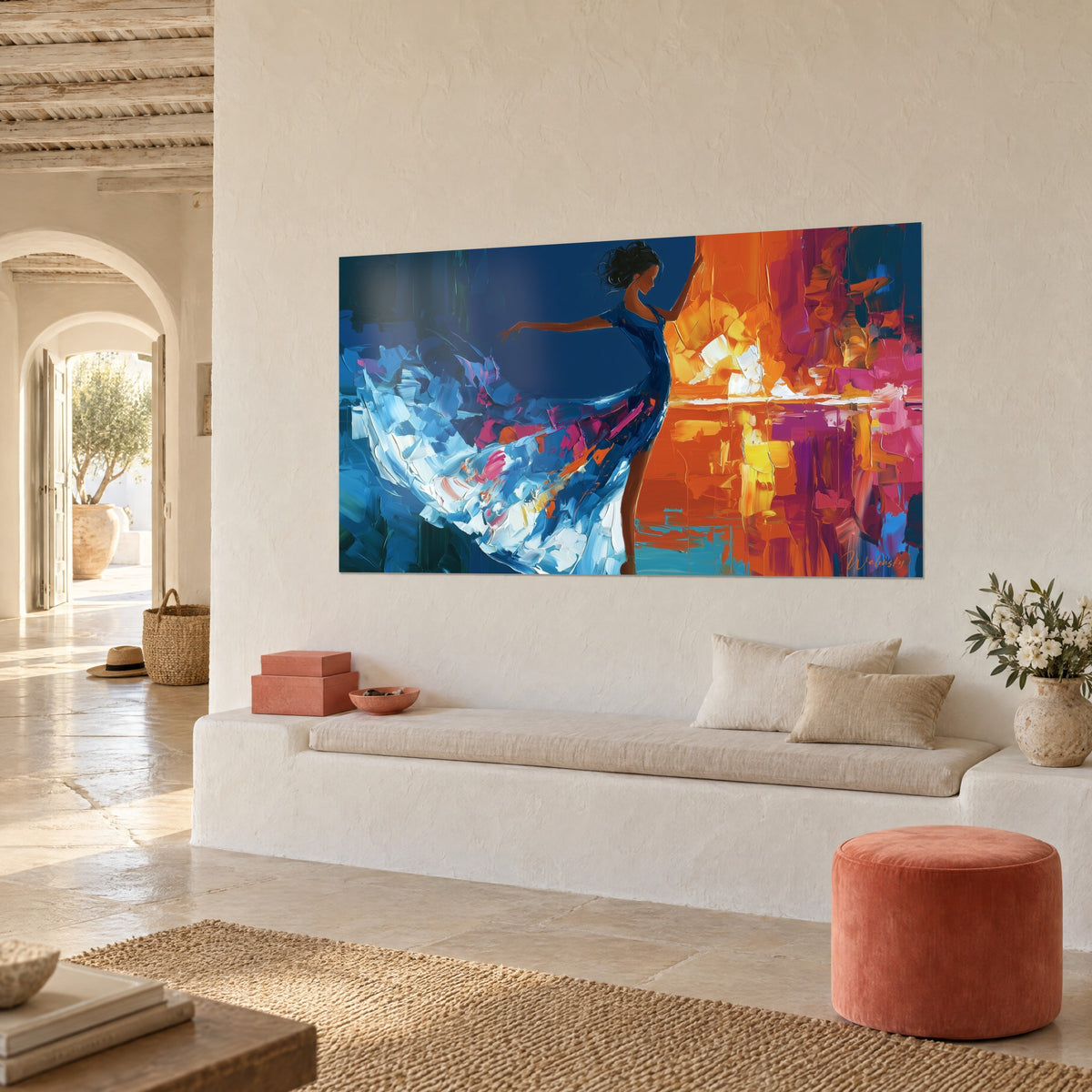 Quadro ballerina con il braccio teso, gonna di pasta bianca e turchese, sfondo arancio e rosa, panca di pietra bianca, vista di tre quarti