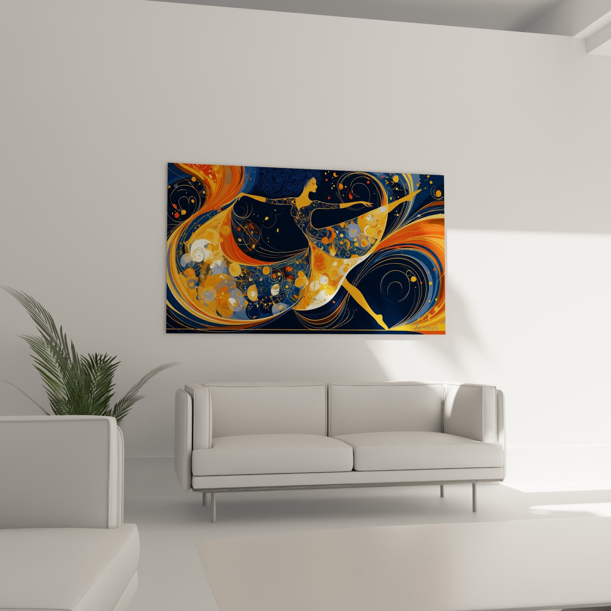 Ballerine stylisée aux teintes orangées et anthracite en mouvement, au-dessus d'un canapé dans un salon lumineux