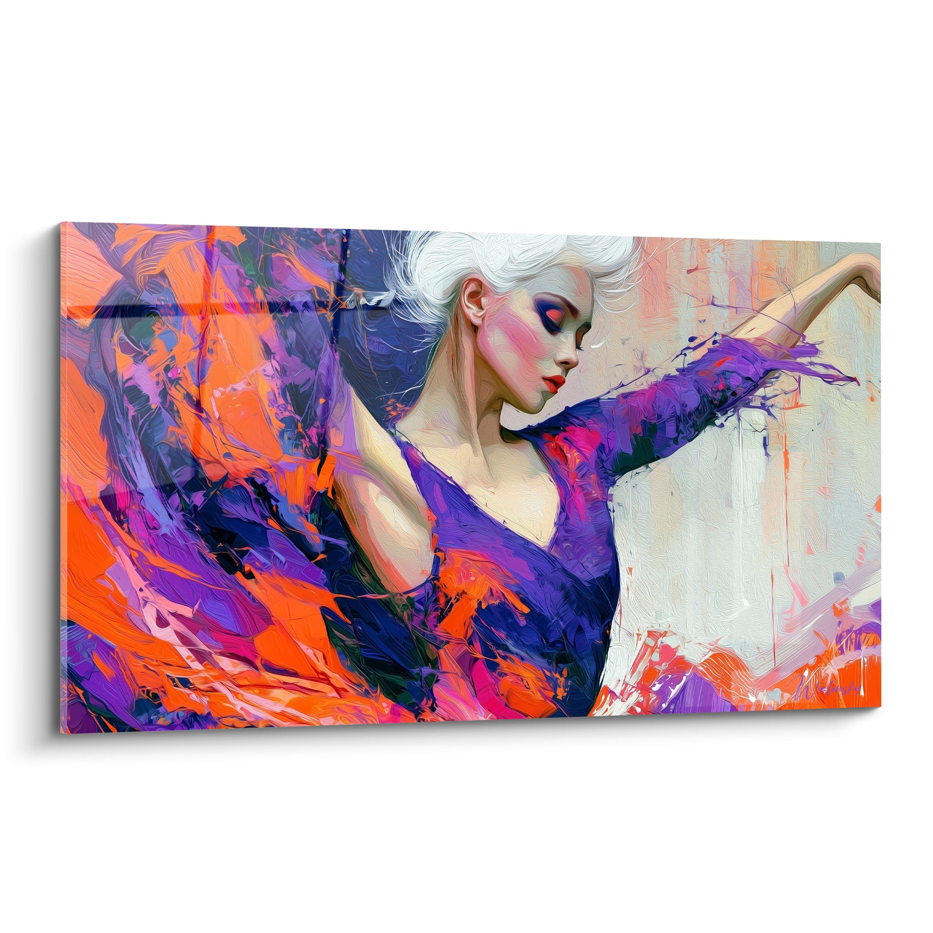Danseuse abstrait aux cheveux blancs, bras levé dans un tourbillon orange et violet vibrant