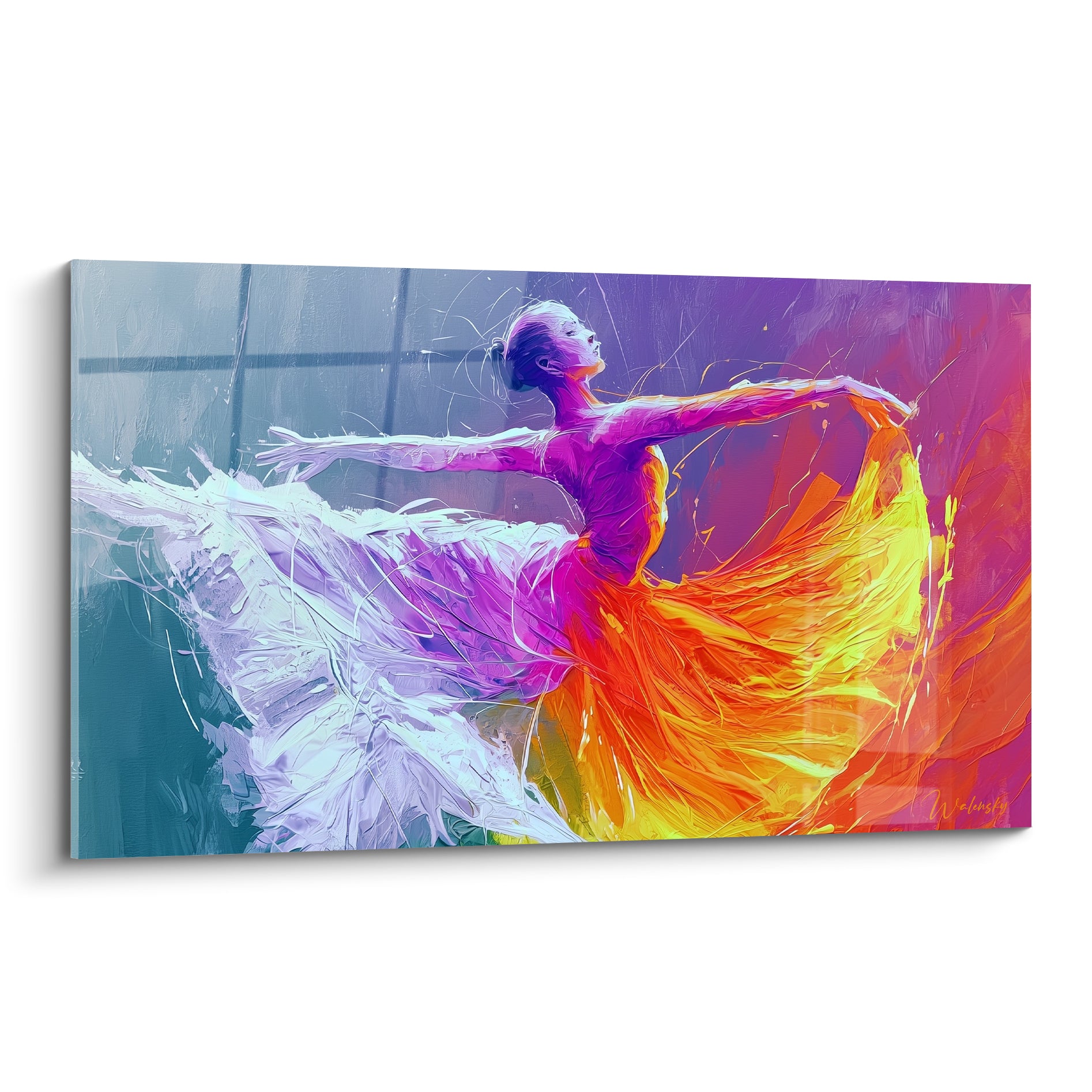 Danseuse abstraite en robe orange et jupon blanc, tourbillon violet et bleu pétrole en arrière-plan