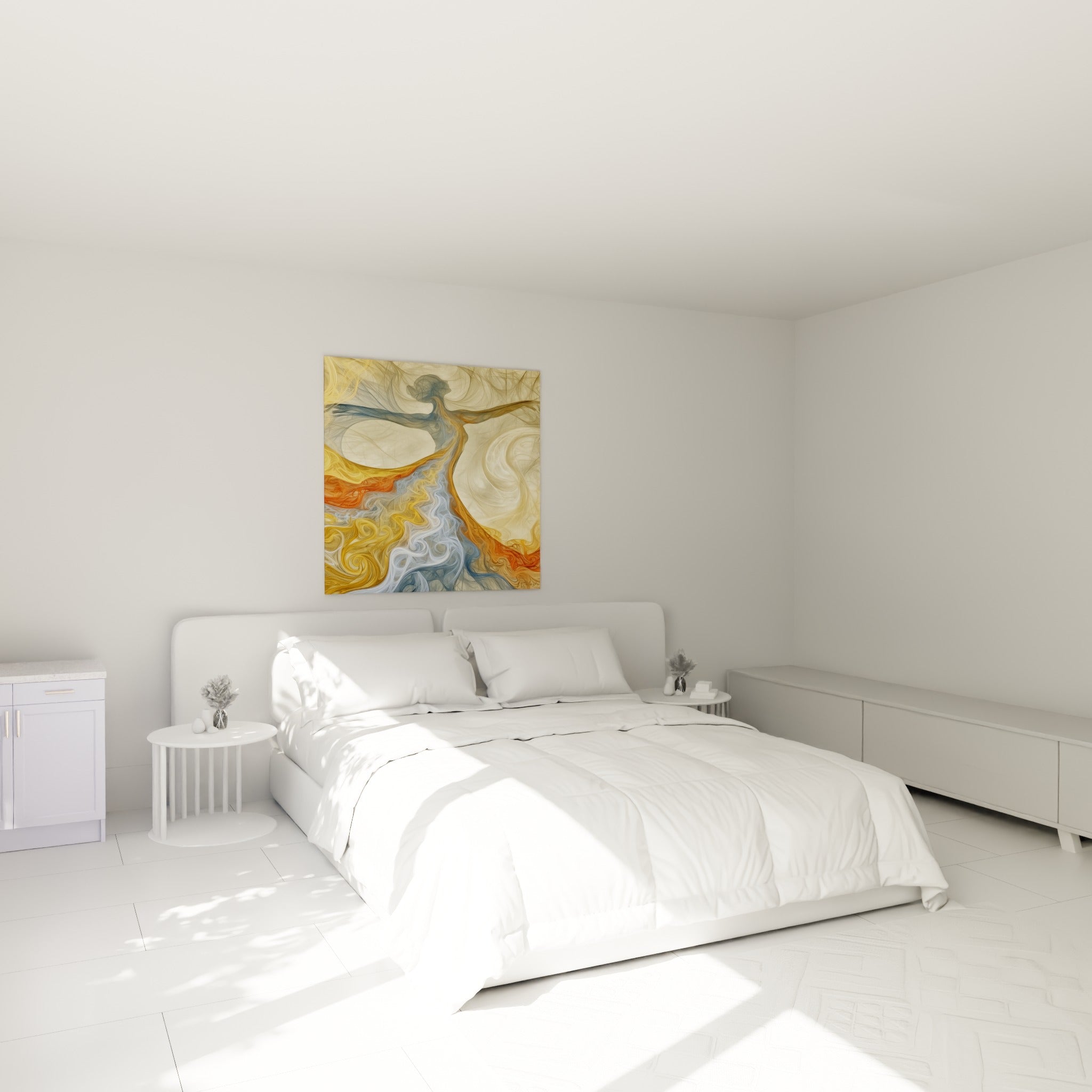 Silhouette dansante dorée et orangée aux volutes fluides, accrochée au-dessus d'un lit dans une chambre claire