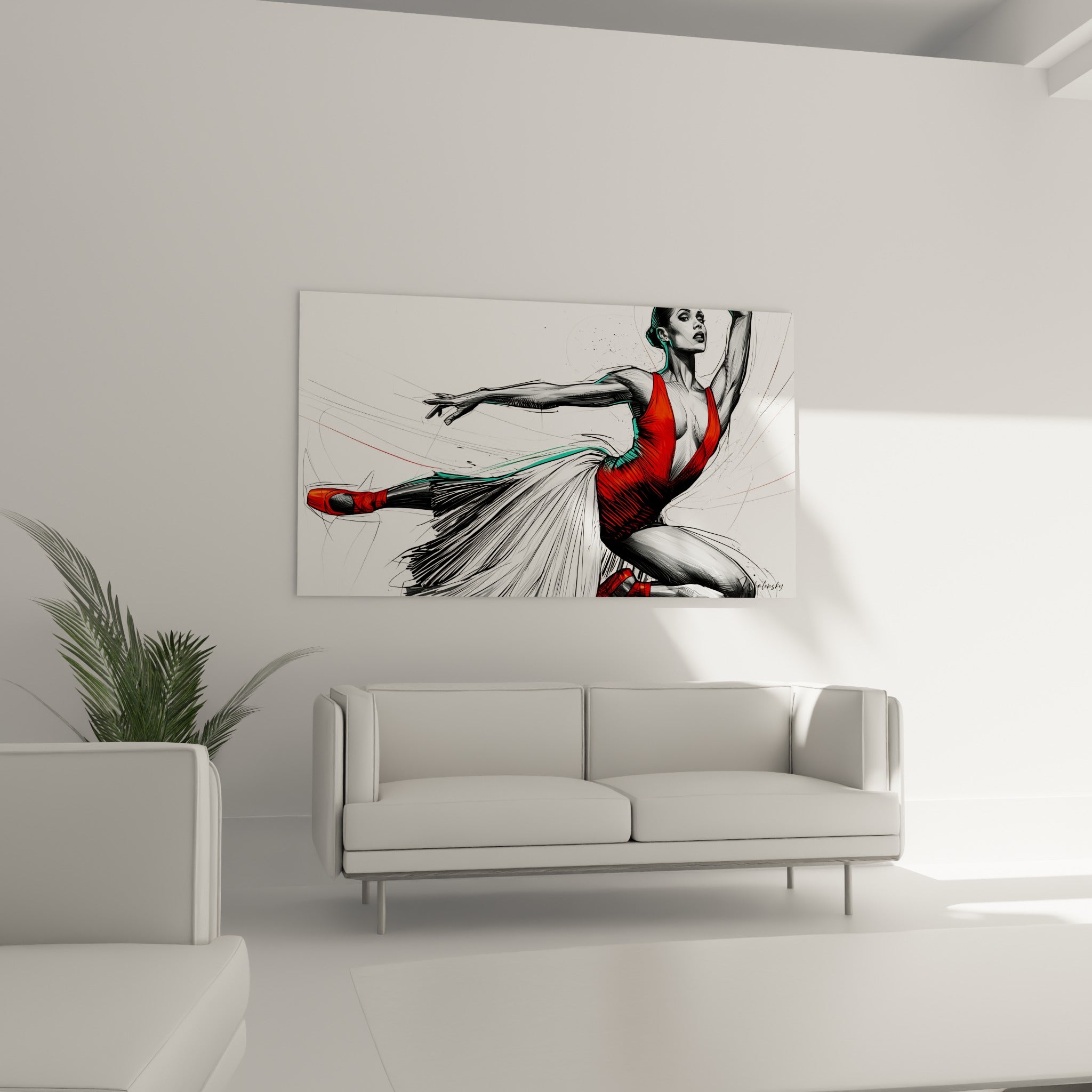 Silhouette gracile en pointes rouges et tulle blanc suspendue au-dessus d'un canapé dans un salon lumineux