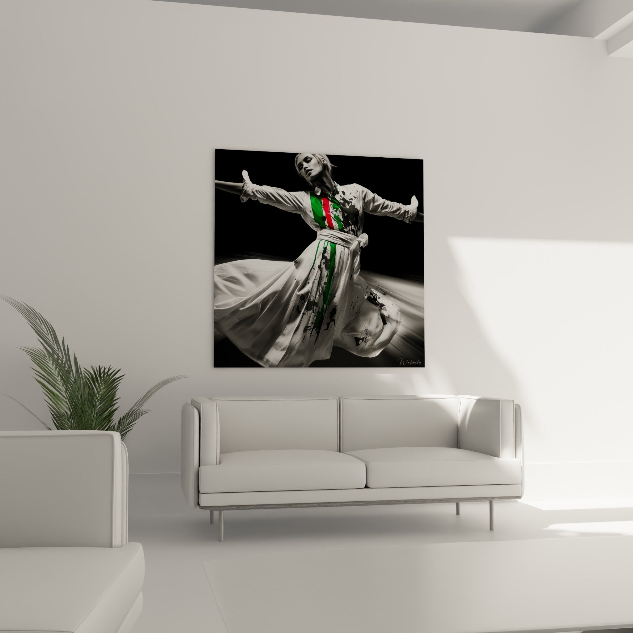 Robe blanche en pleine rotation avec éclaboussures noires et vertes, au-dessus d'un canapé dans un salon lumineux