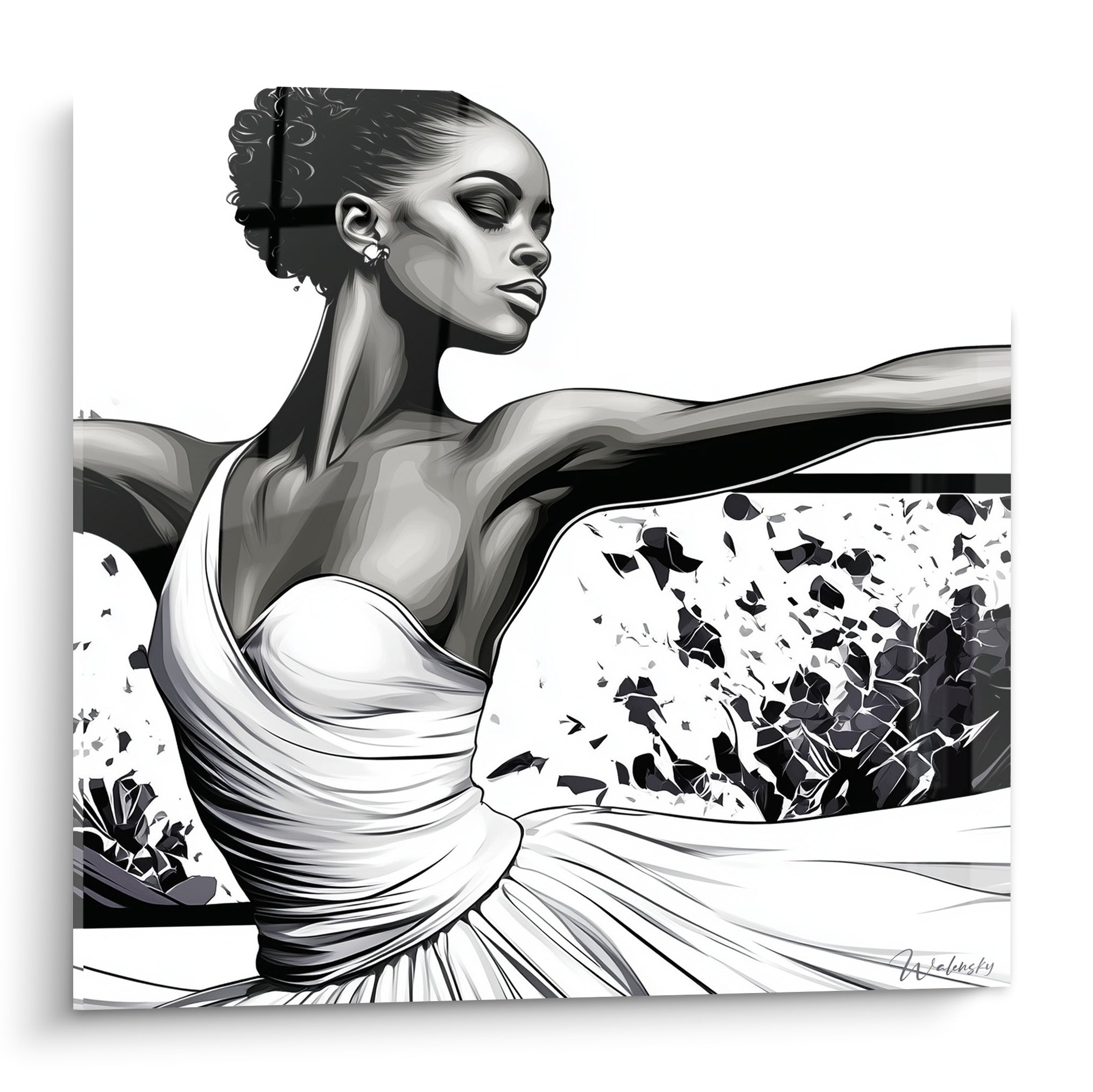Danseuse abstrait au bras tendu, robe blanche froissée sur fond noir et blanc éclaté