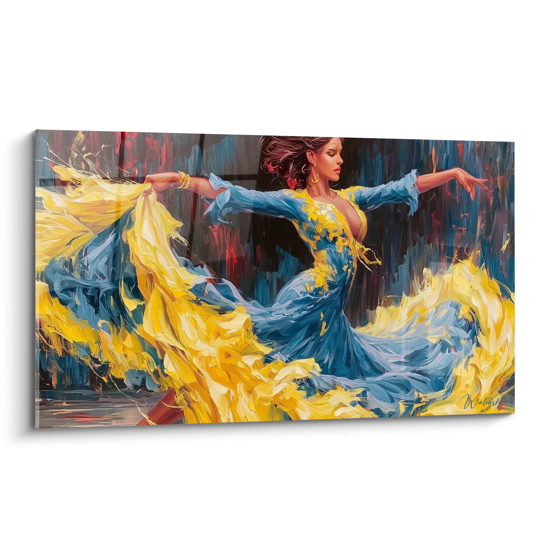 Danseuse abstrait en robe bleu marine et jaune doré, mouvement gestuel au couteau sur fond sombre