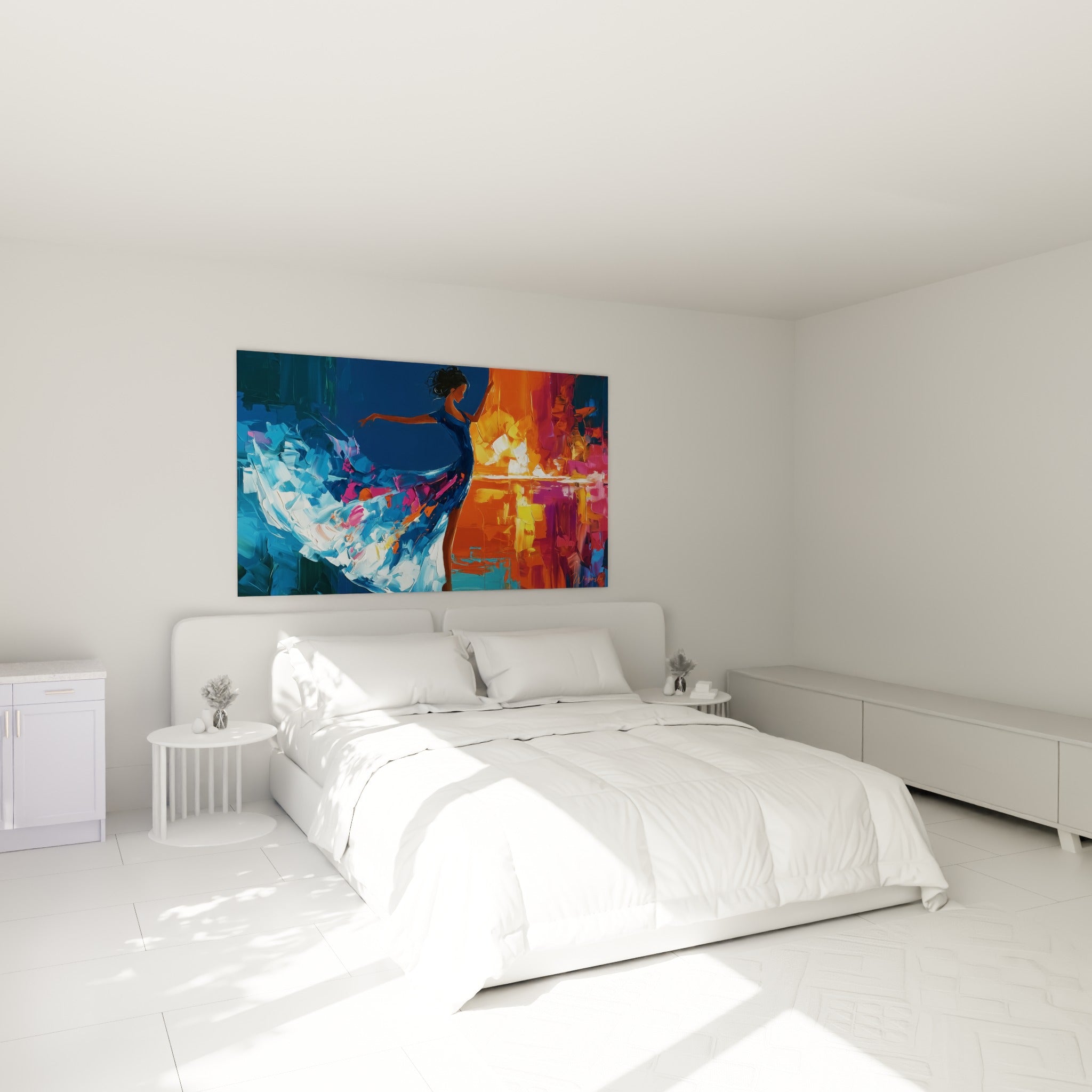 Silhouette dansante en bleu pastel et orange vif, au-dessus d'un lit dans une chambre claire