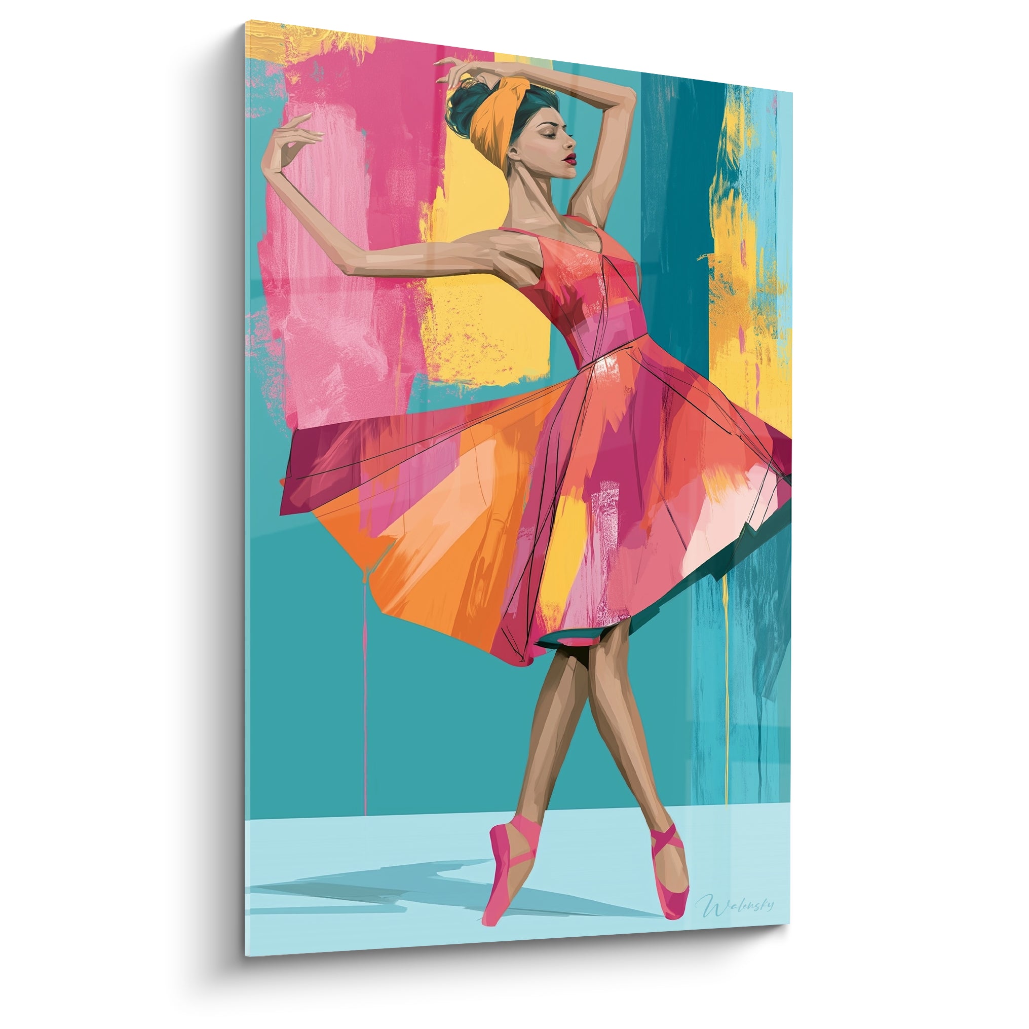 Danseuse abstrait en pointe, robe corail et rose, fond turquoise et jaune moutarde éclatant