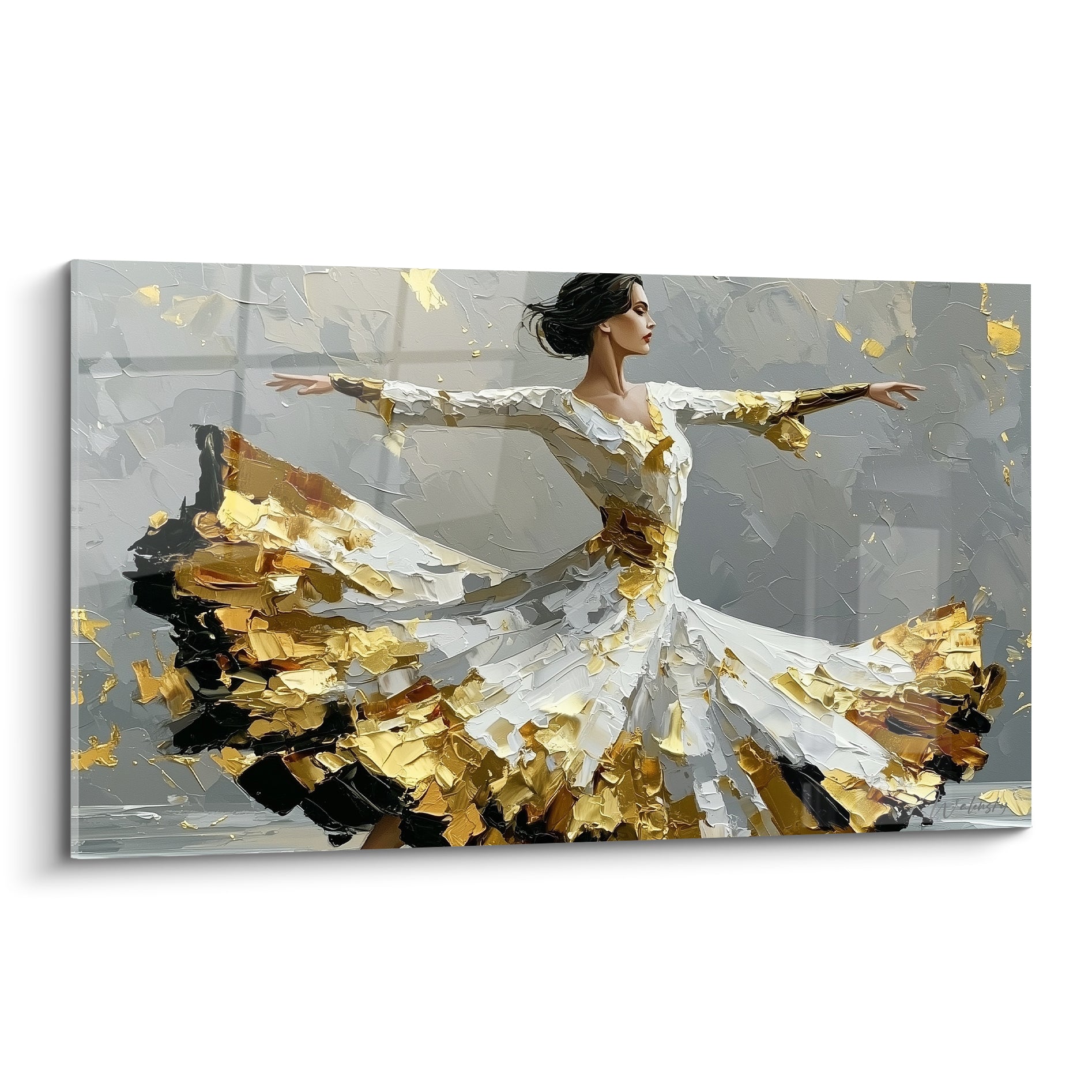 Danseuse abstrait en robe blanche et dorée virevoltant, empâtements épais sur fond anthracite