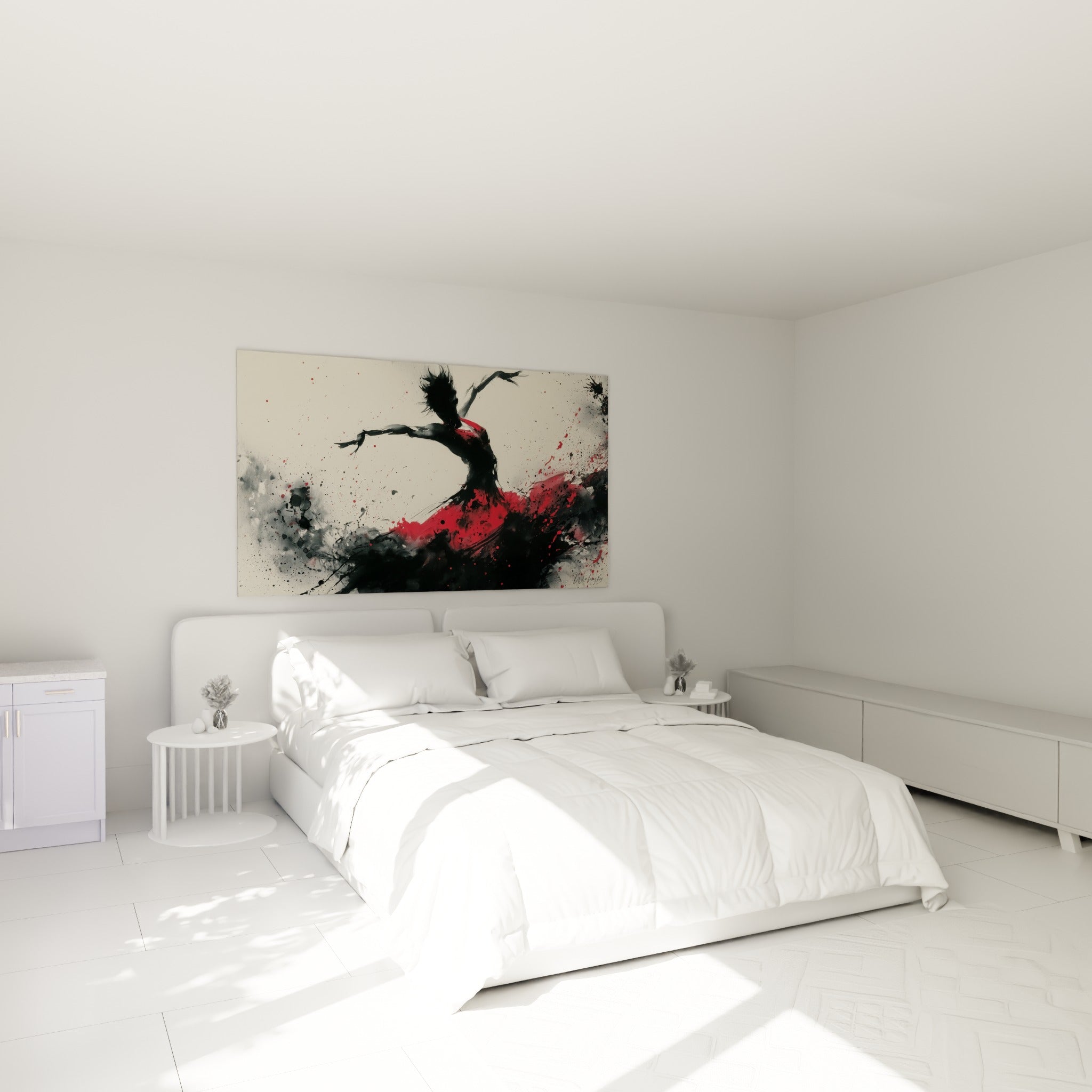 Silhouette rouge et noire d'une danseuse abstraite au-dessus d'un lit dans une chambre claire