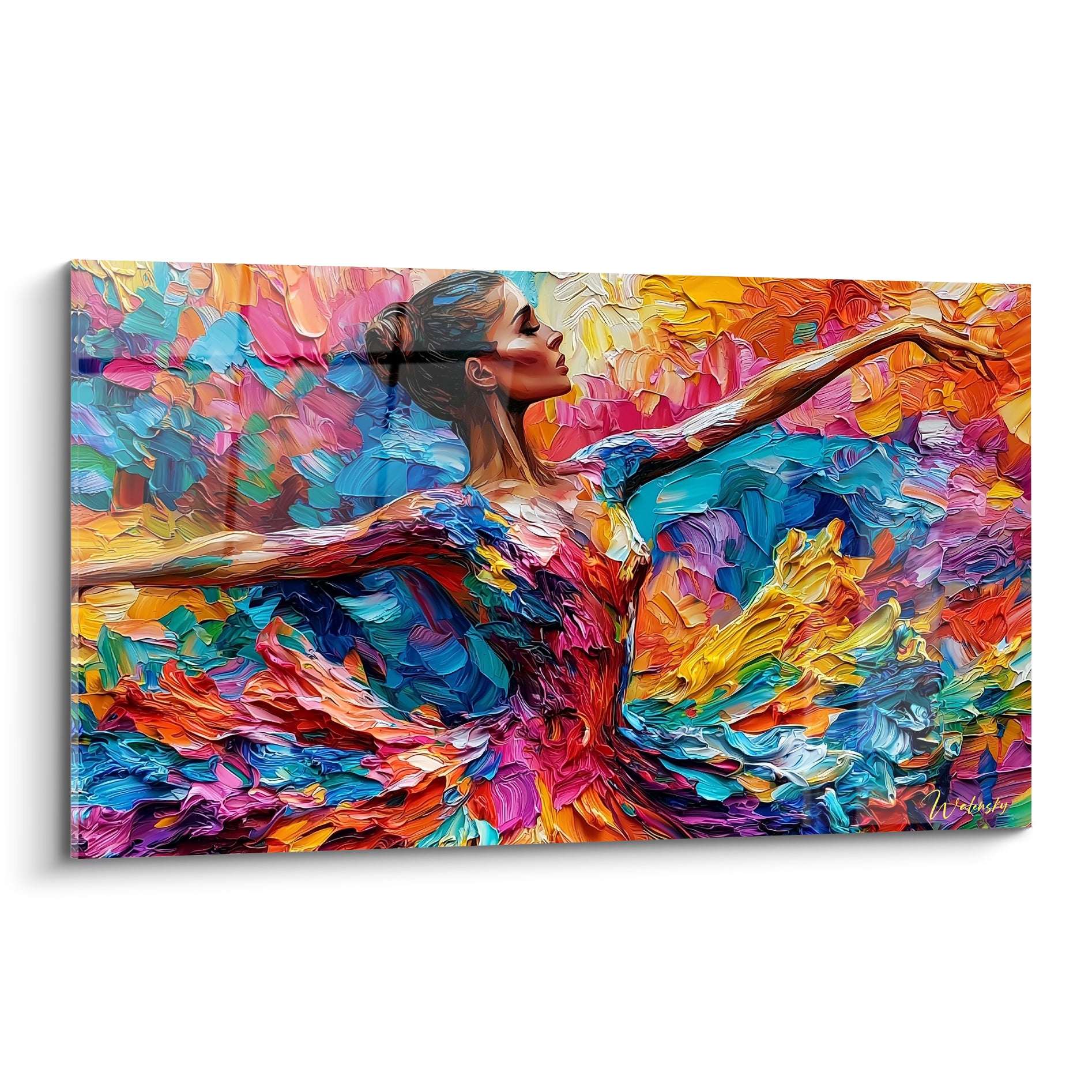 Danseuse abstrait bras déployés, robe orange et turquoise en pleine explosion picturale au couteau
