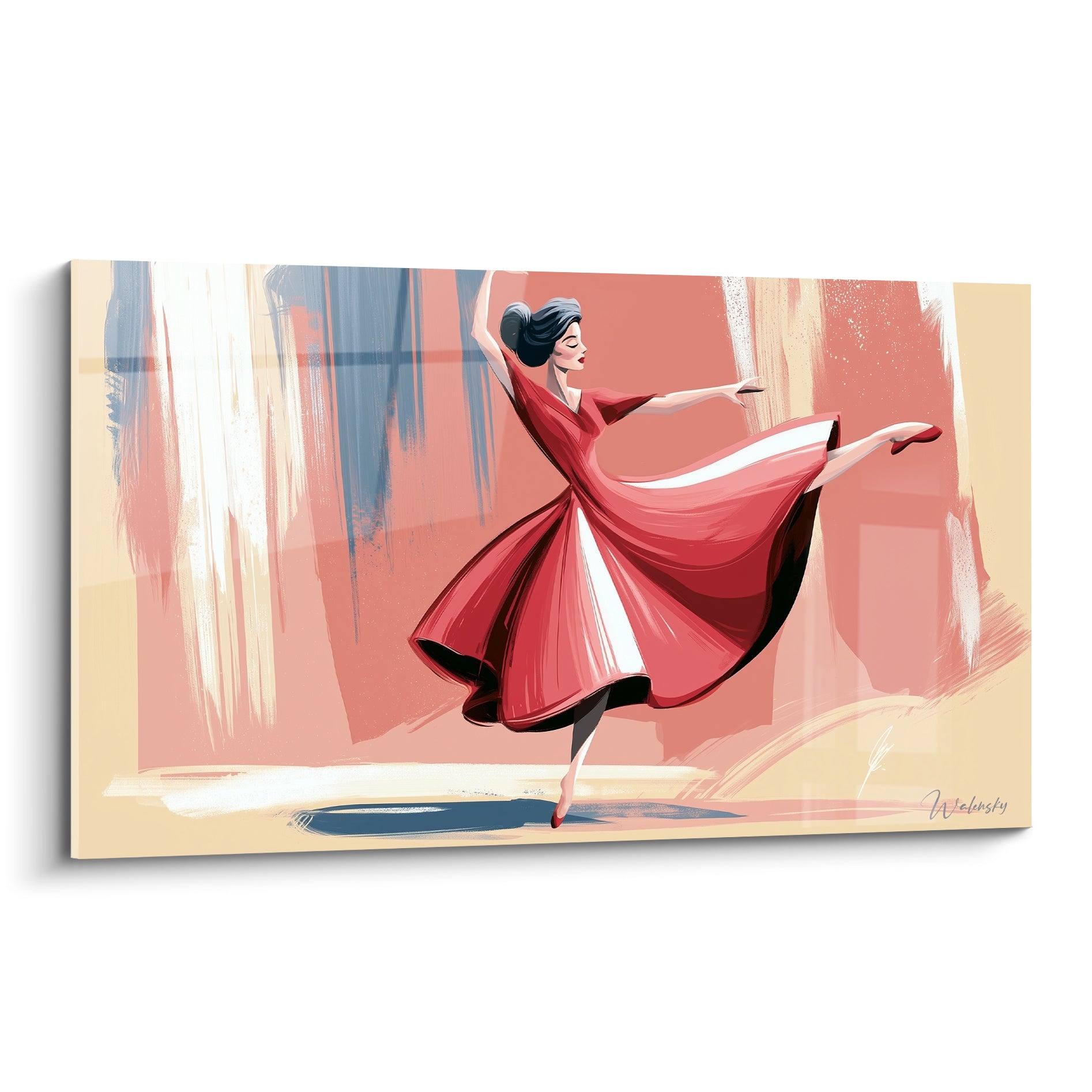 Danseuse abstrait en robe rouge et blanche, bras levés, fond rose et bleu ardoise