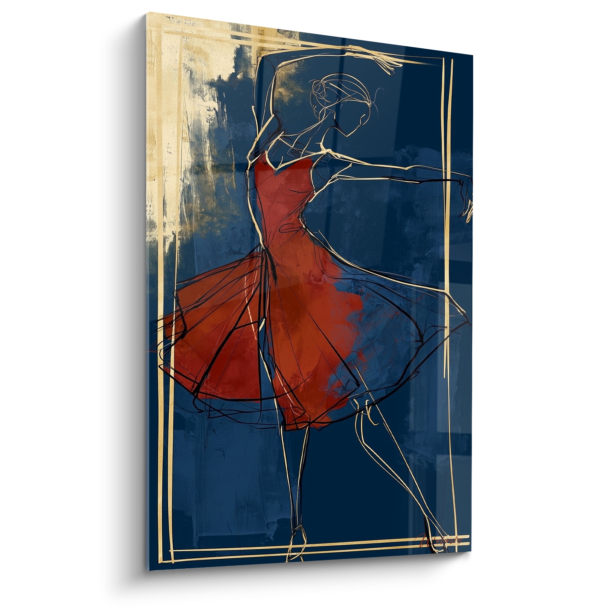 Danseuse abstraite en robe rouge tourbillonnante sur fond bleu marine, trait doré graphique