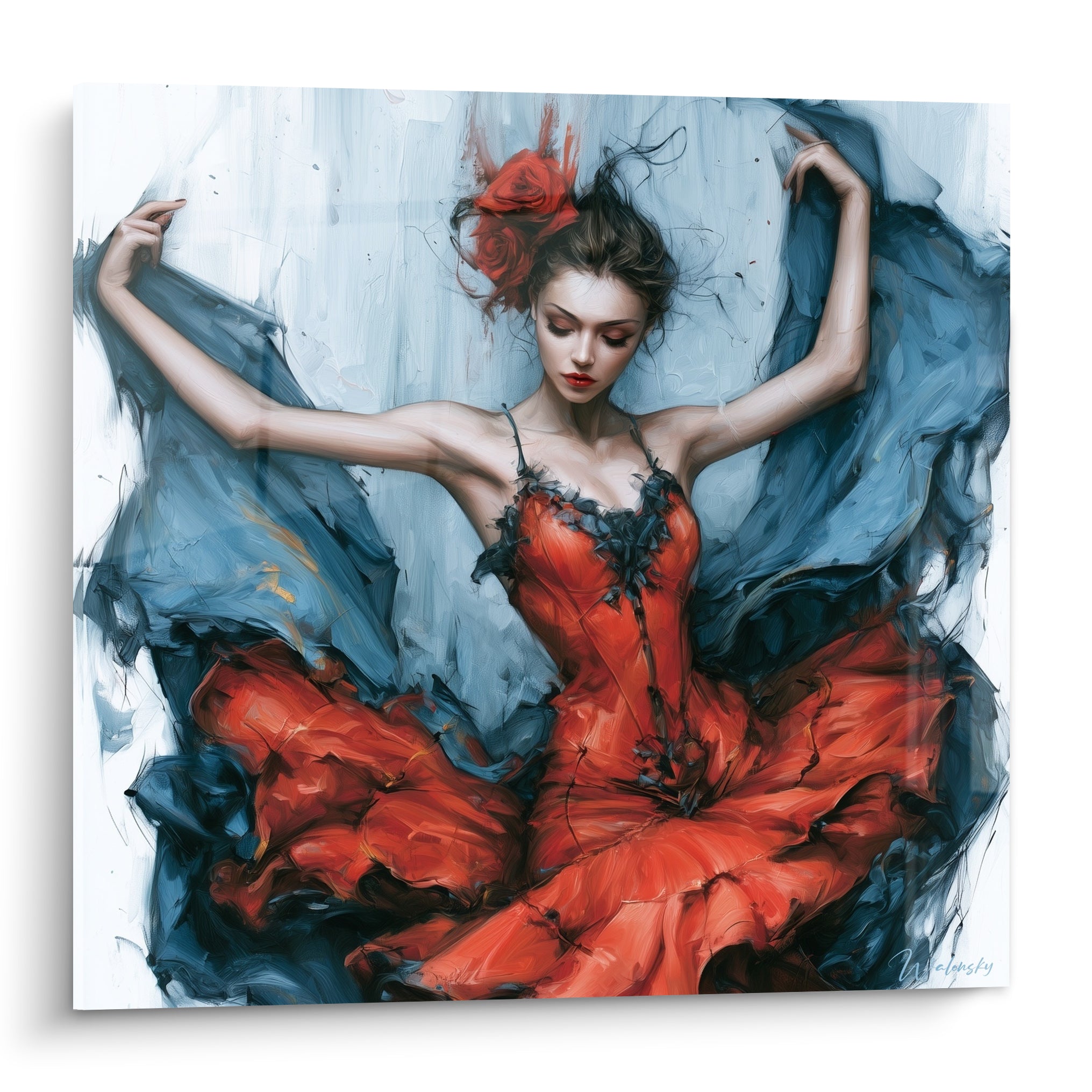 Danseuse en robe rouge écarlate, bras levés, voile bleu ardoise, style pictural expressif