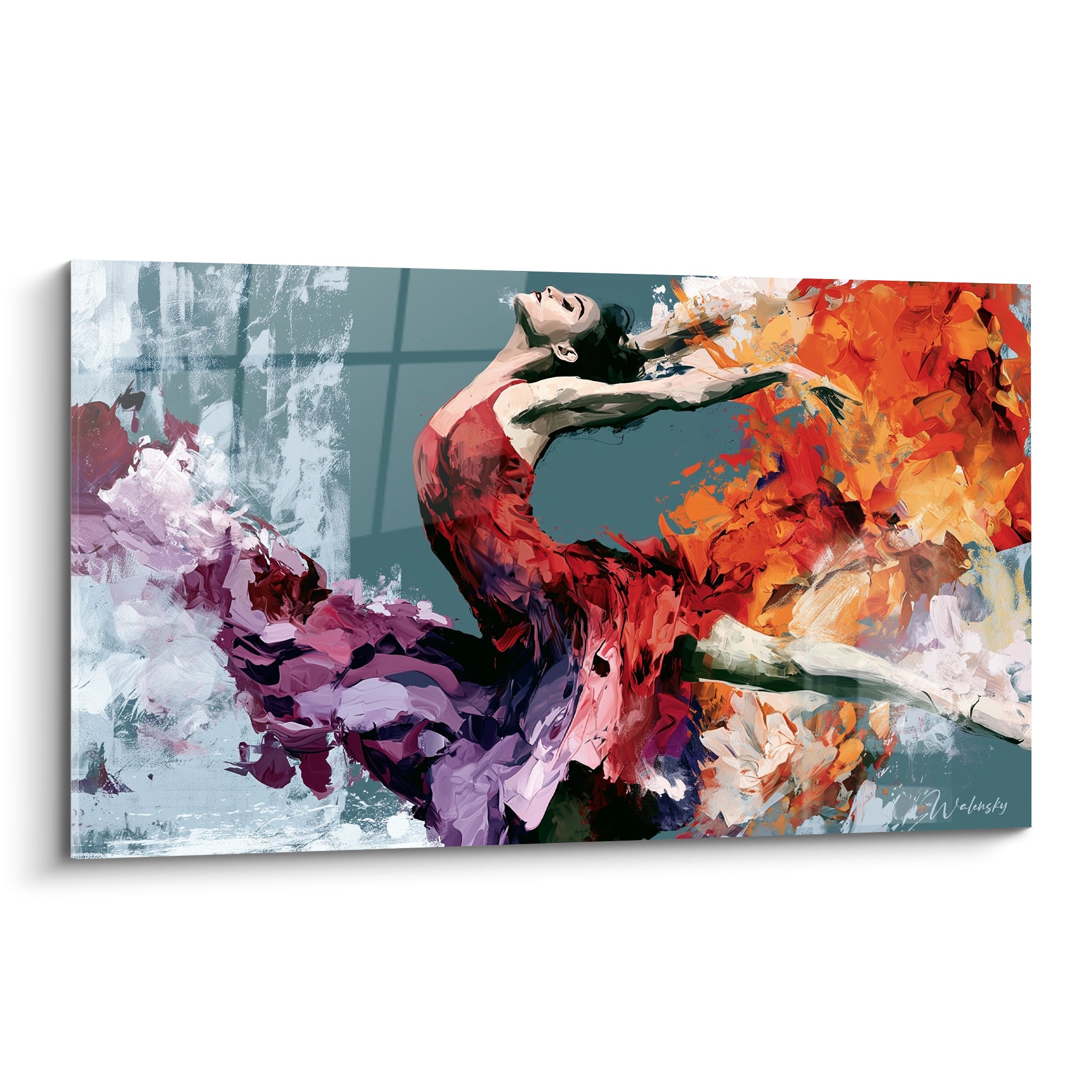 Danseuse cambrée en robe rouge se fondant dans des touches orange et violettes vibrantes