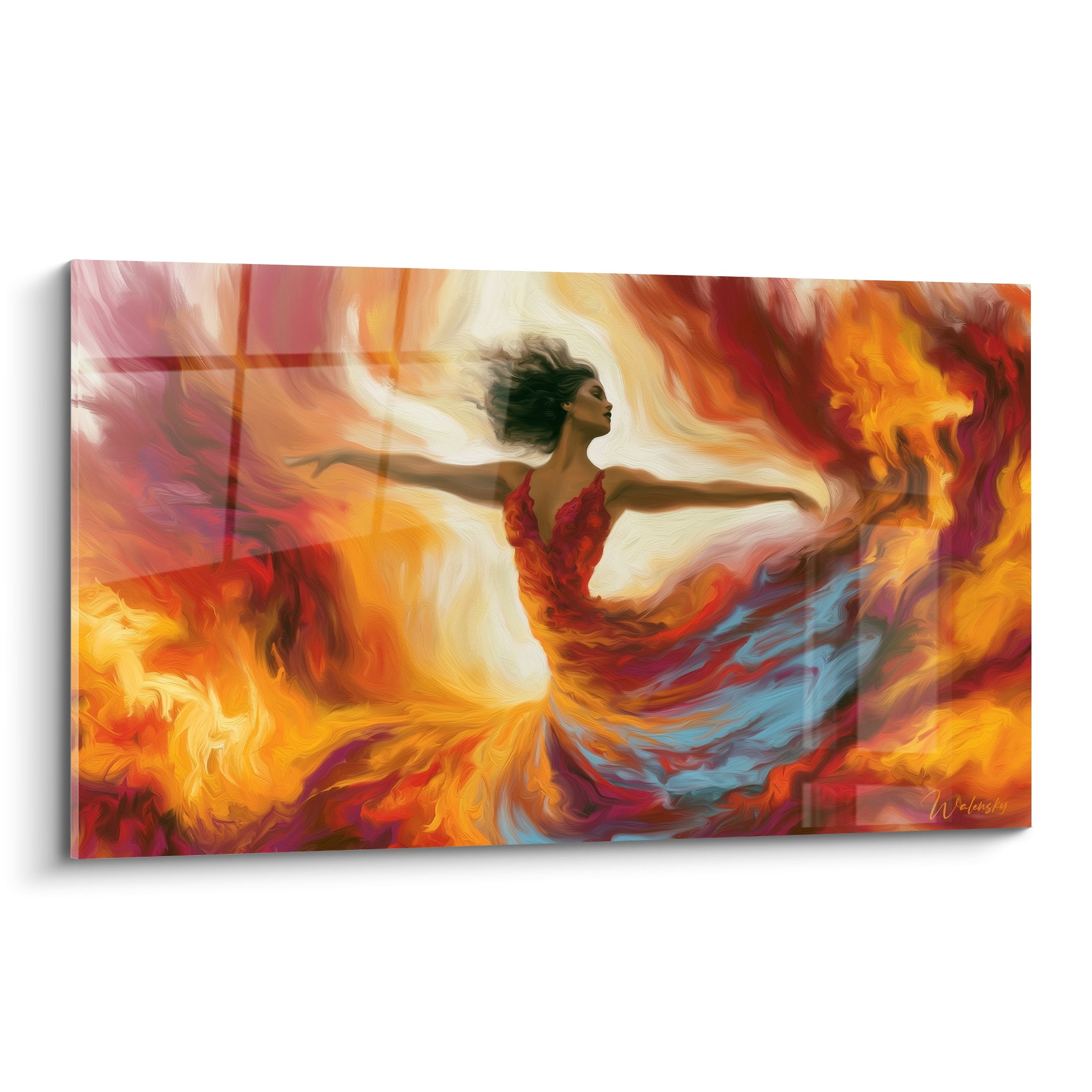 Danseuse abstrait en robe rouge tourbillonnant dans un embrasement orange et turquoise flamboyant