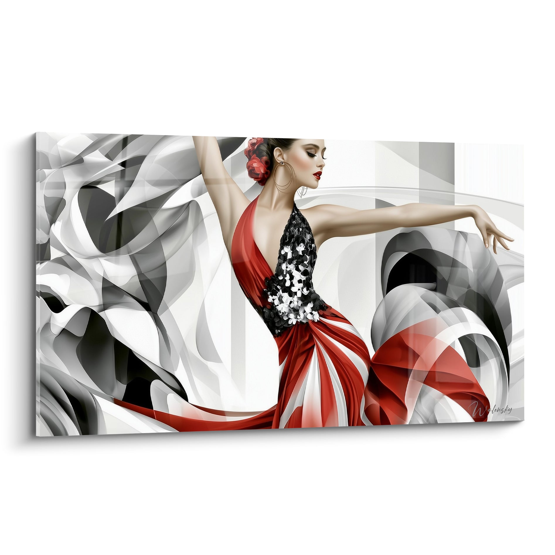 Danseuse en robe rouge et noire, bras levé, tourbillon gris anthracite en arrière-plan