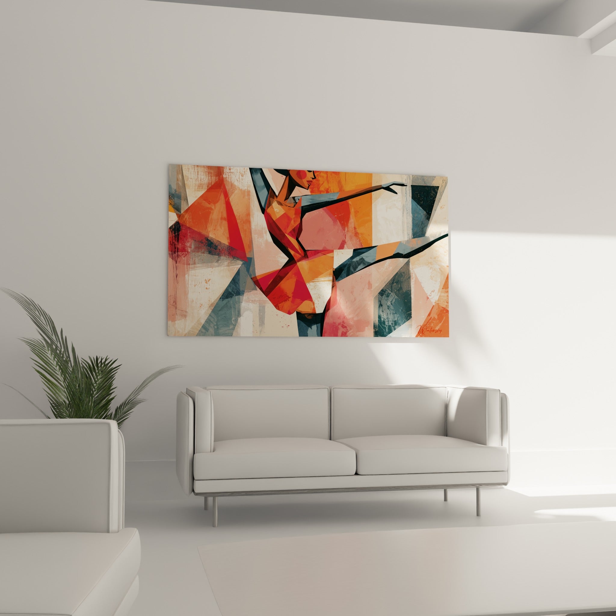 Ballerine géométrique orange et rose poudré en mouvement, au-dessus d'un canapé dans un salon lumineux