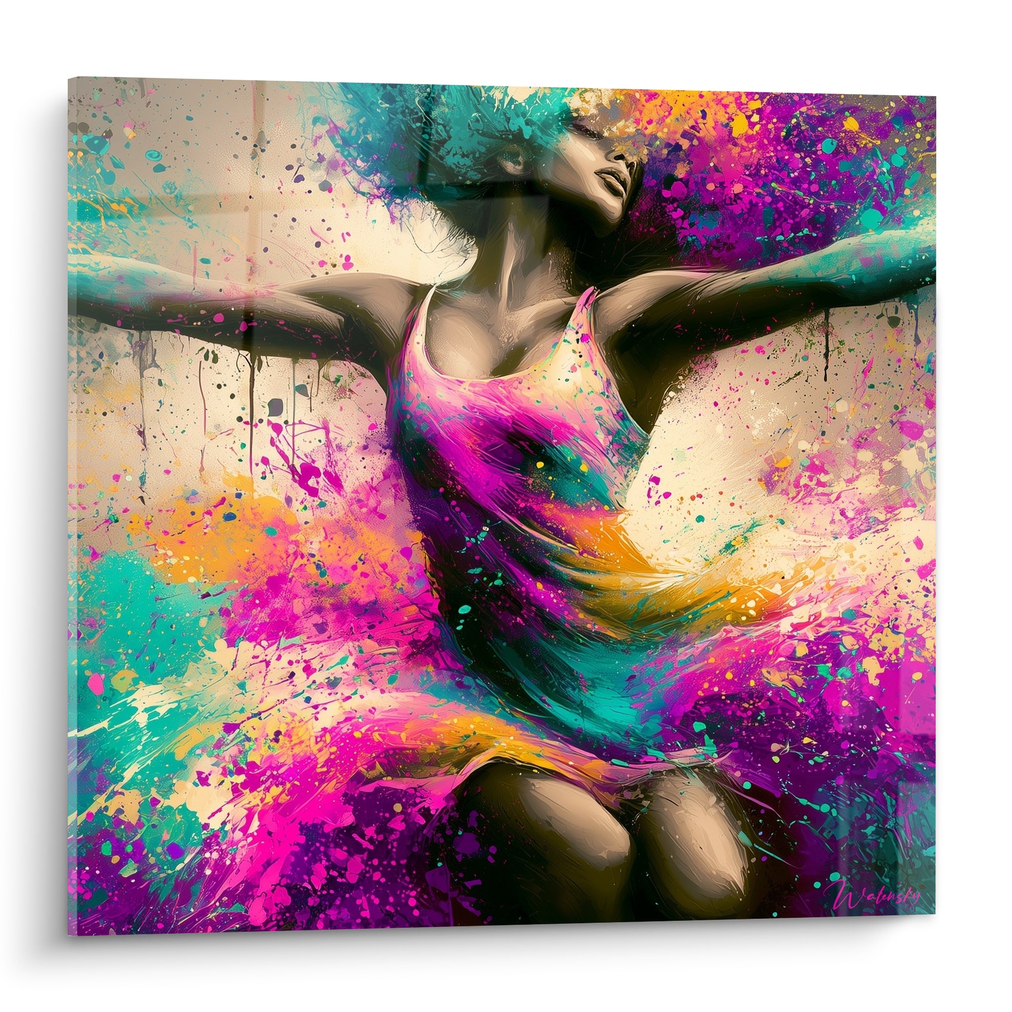 Danseuse abstraite en robe rose et turquoise, bras déployés, éclaboussures violettes et dorées vibrantes