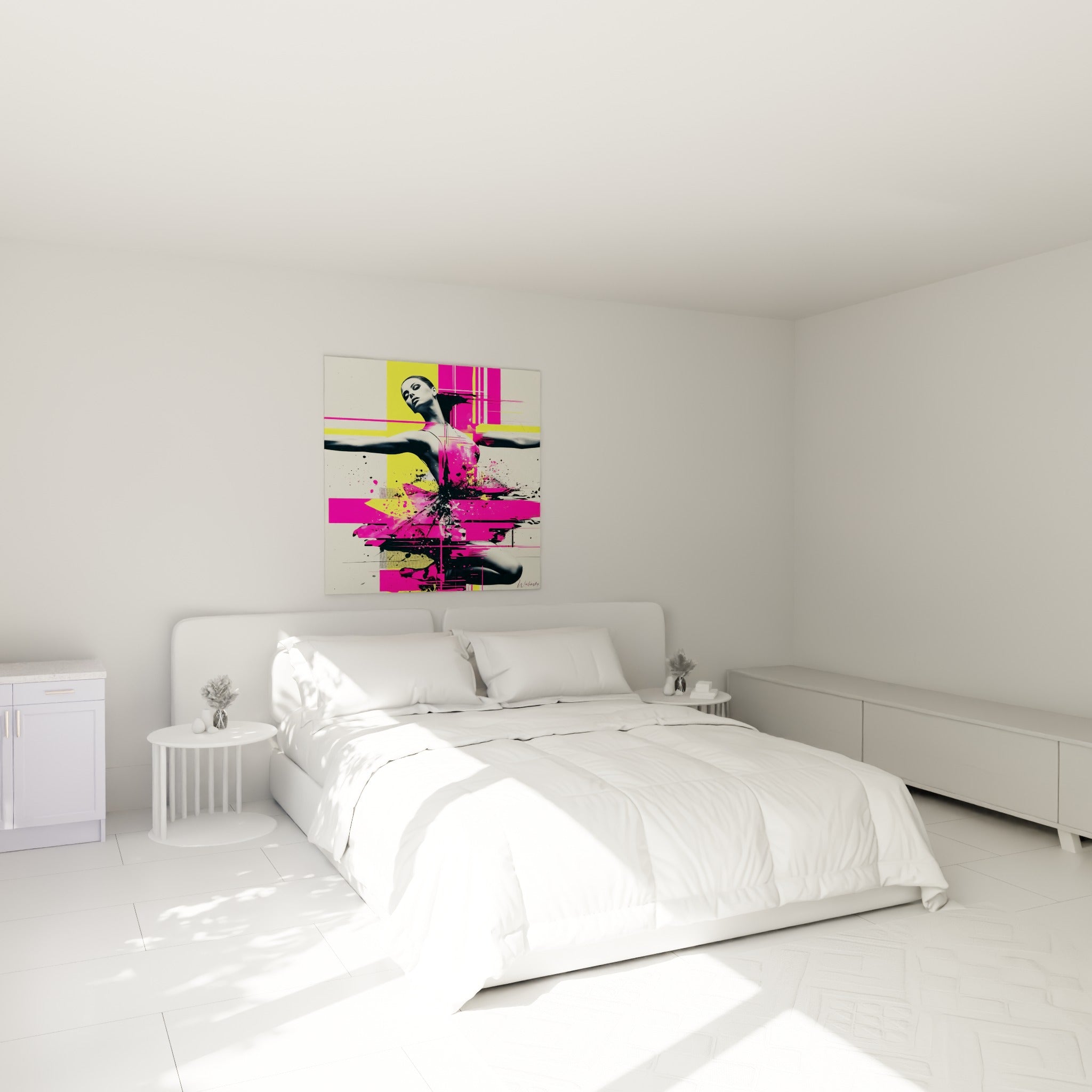 Ballerine éclaboussée de fuchsia et jaune accrochée au-dessus d'un lit dans une chambre claire