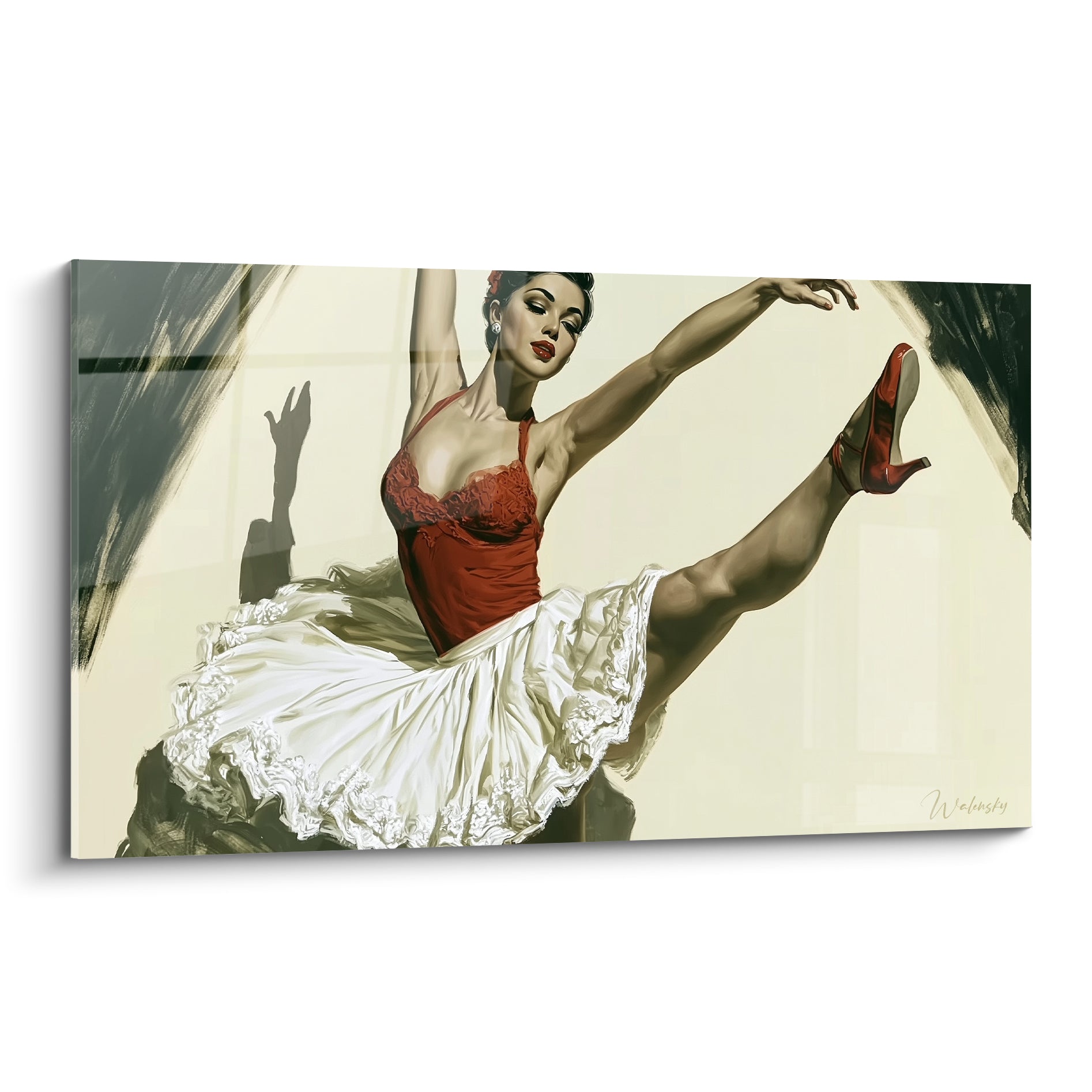 Danseuse en grand jeté, corsage rouge et tutu blanc, bras déployés sur fond beige sable
