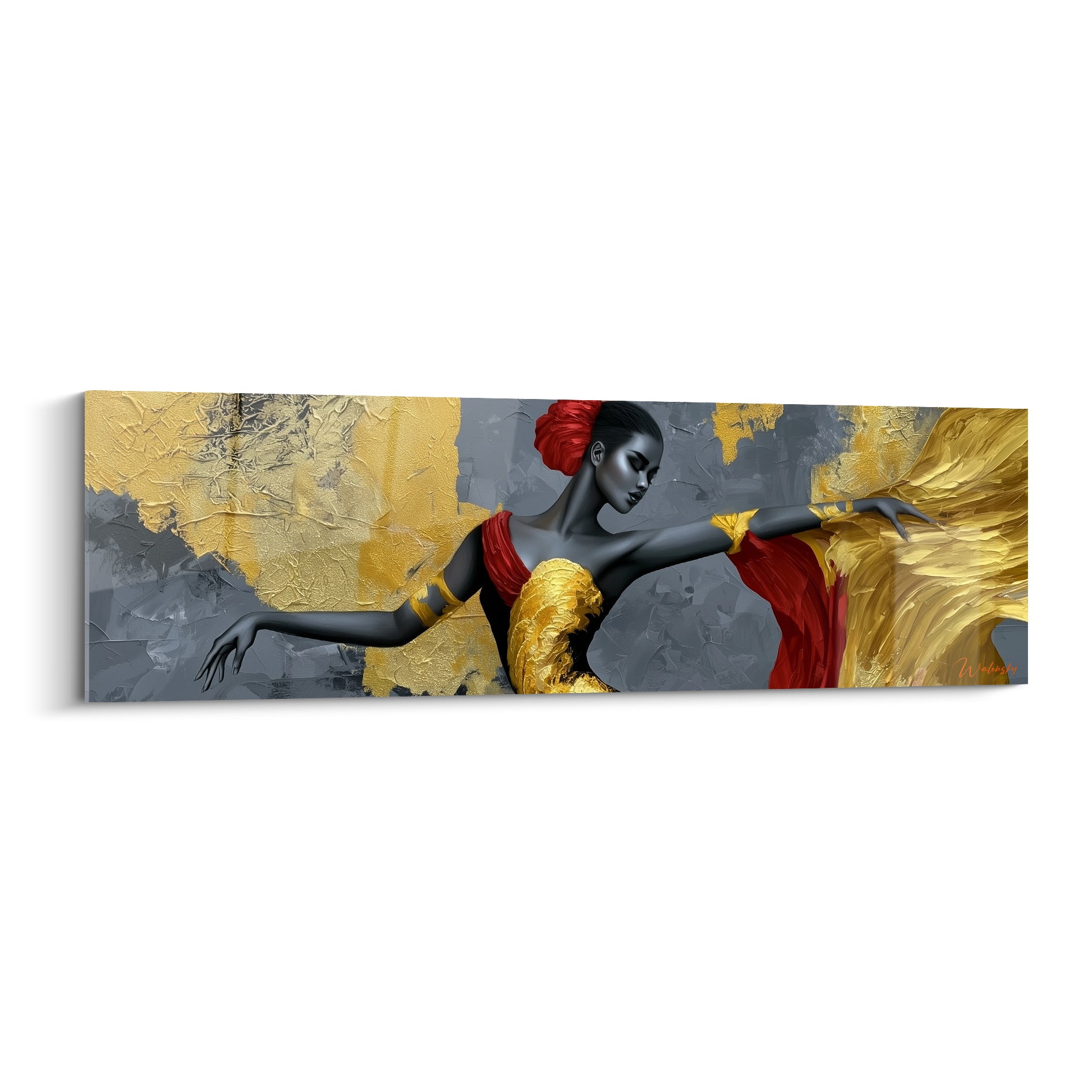 Danseuse abstrait au voile rouge et corps anthracite, bras tendu sur fond doré texturé