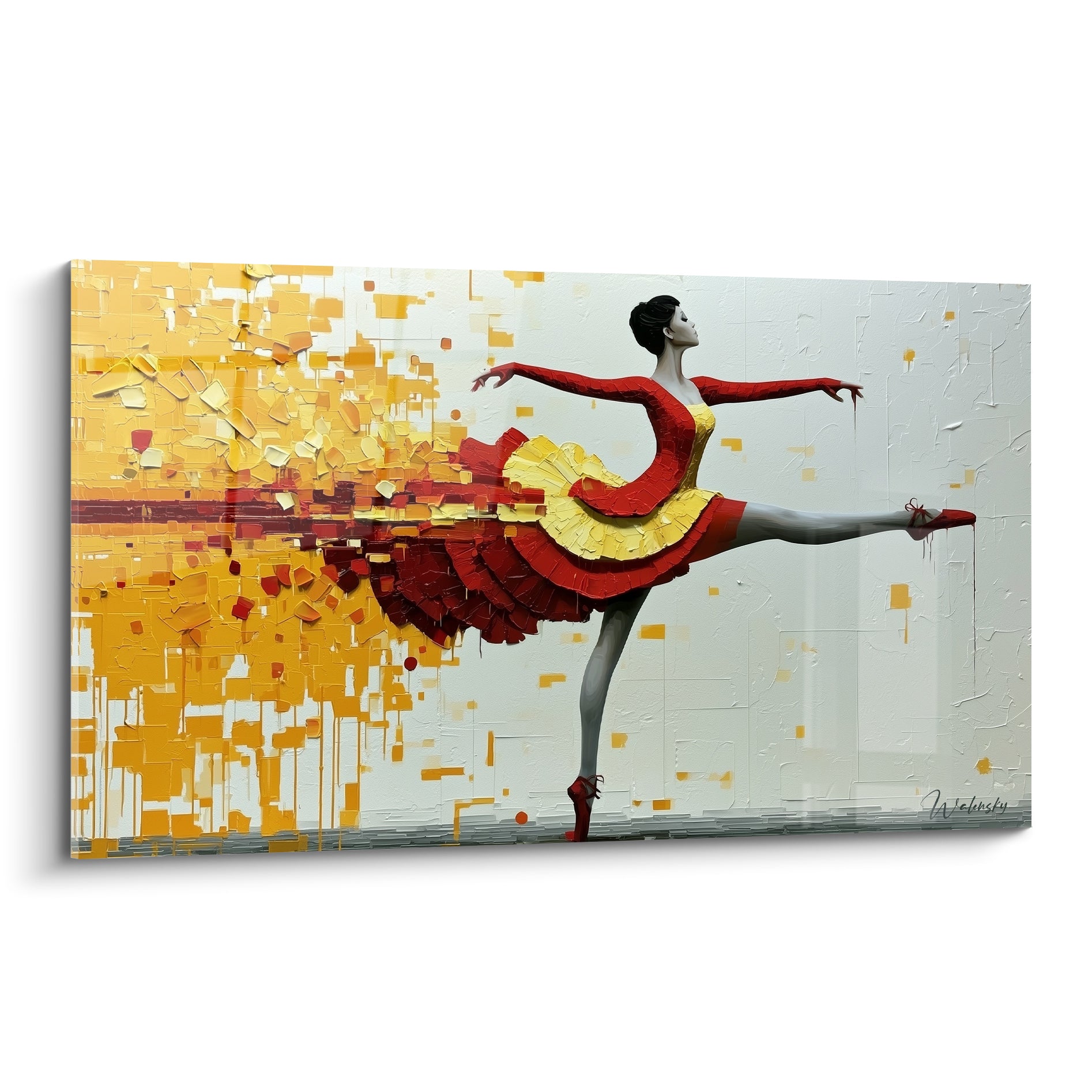 Danseuse abstrait en arabesque, tutu rouge et jaune éclaté sur fond blanc texturé