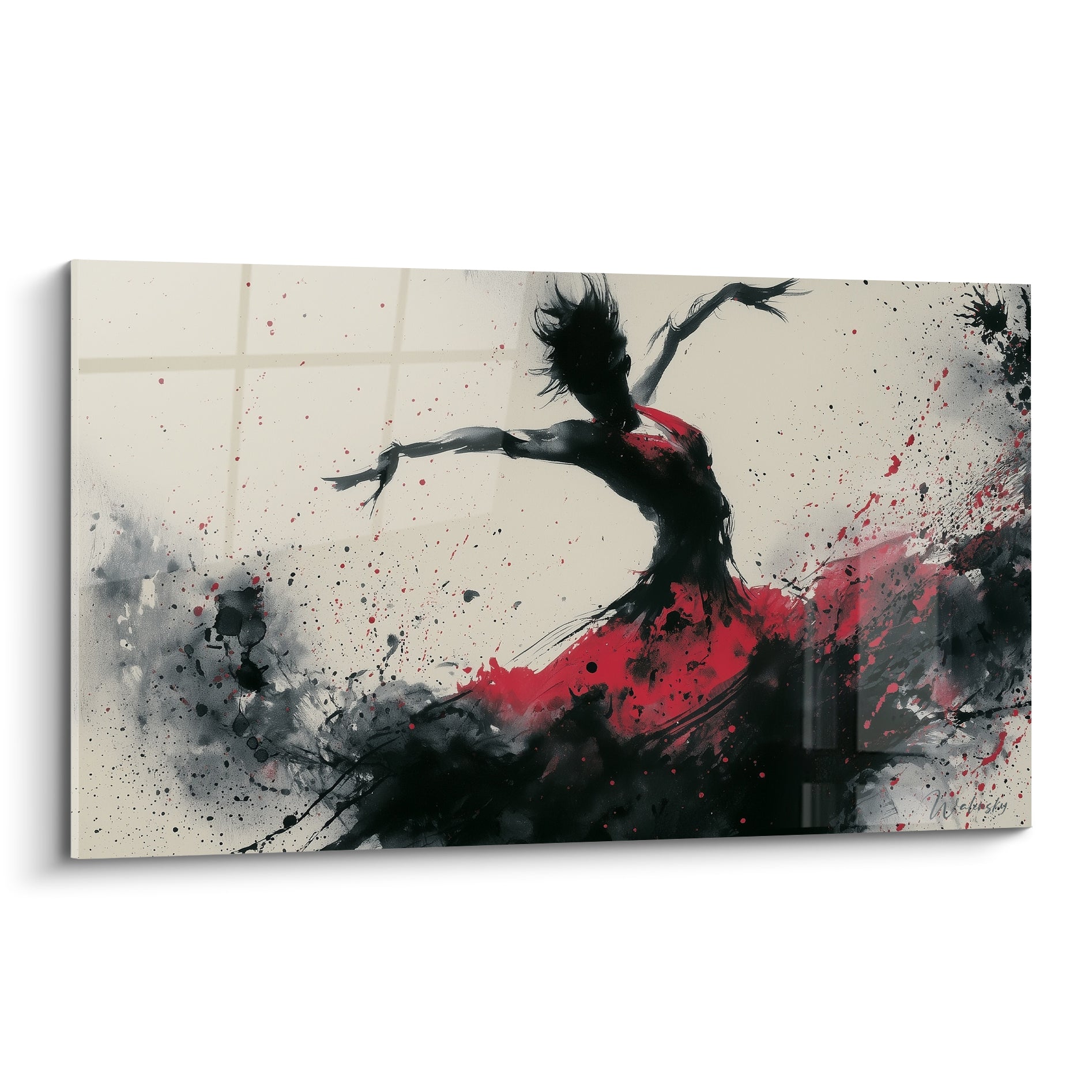 Danseuse abstraite en robe rouge écarlate et noir anthracite figée en plein mouvement