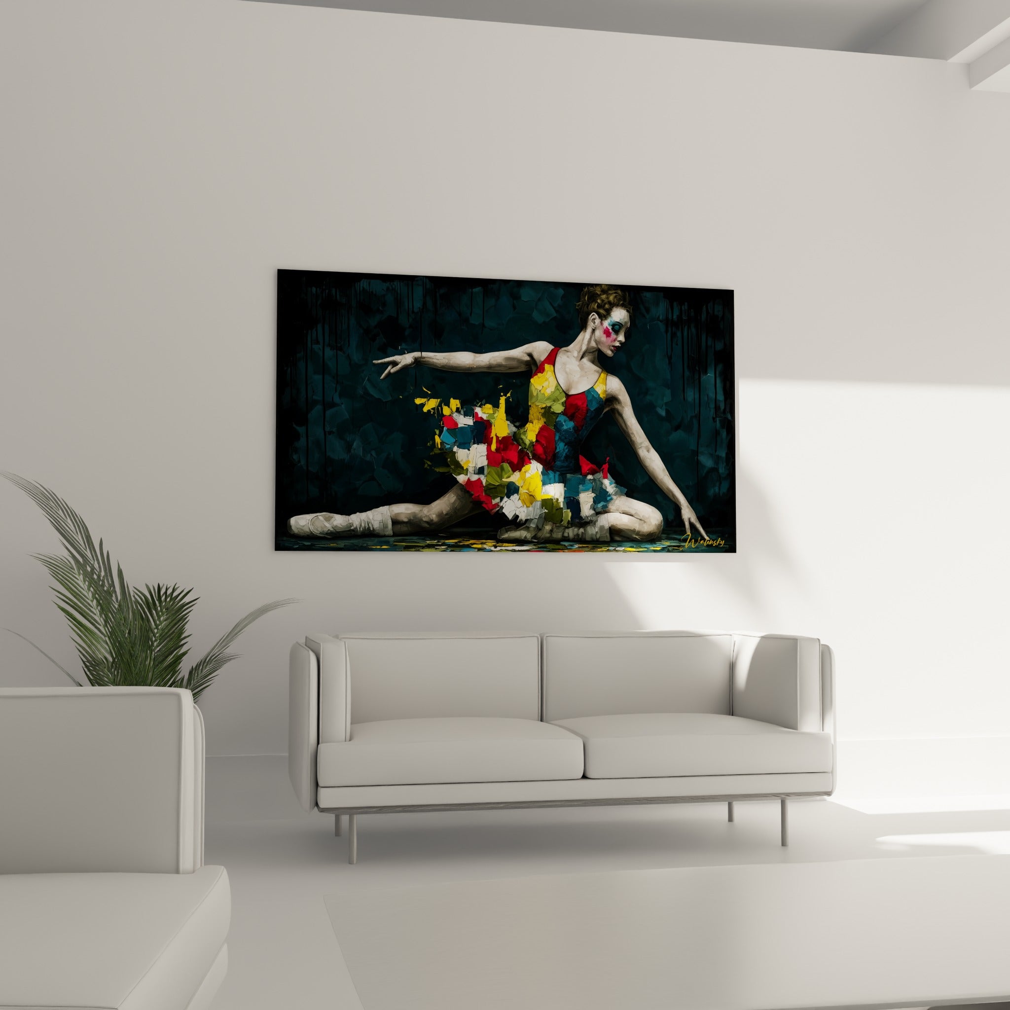 Silhouette de danseuse penchée, tons rouge cerise et vert olive, au-dessus d'un canapé dans un salon lumineux