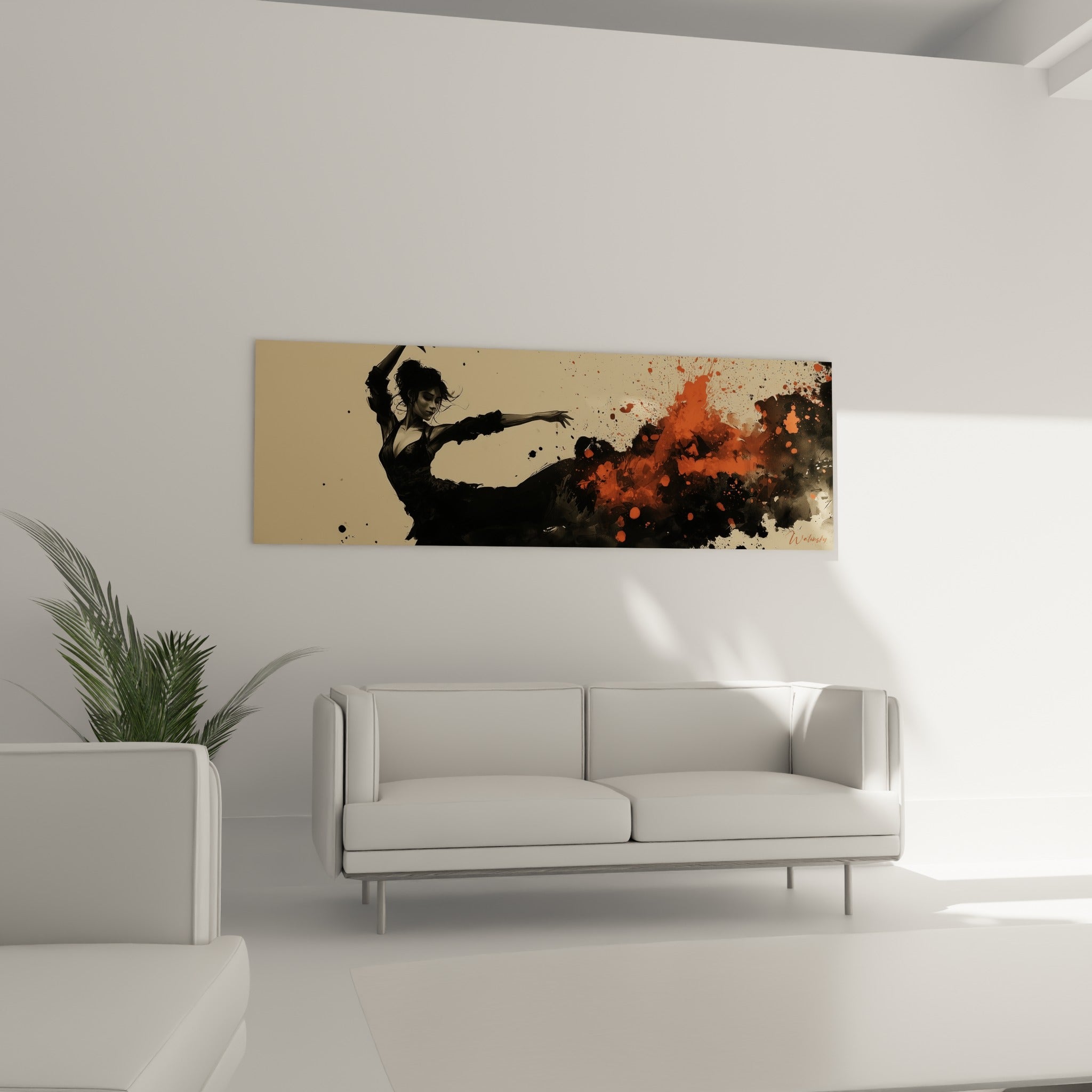Mouvement fauve d'une danseuse abstraite, noir et terracotta, au-dessus d'un canapé dans un salon lumineux