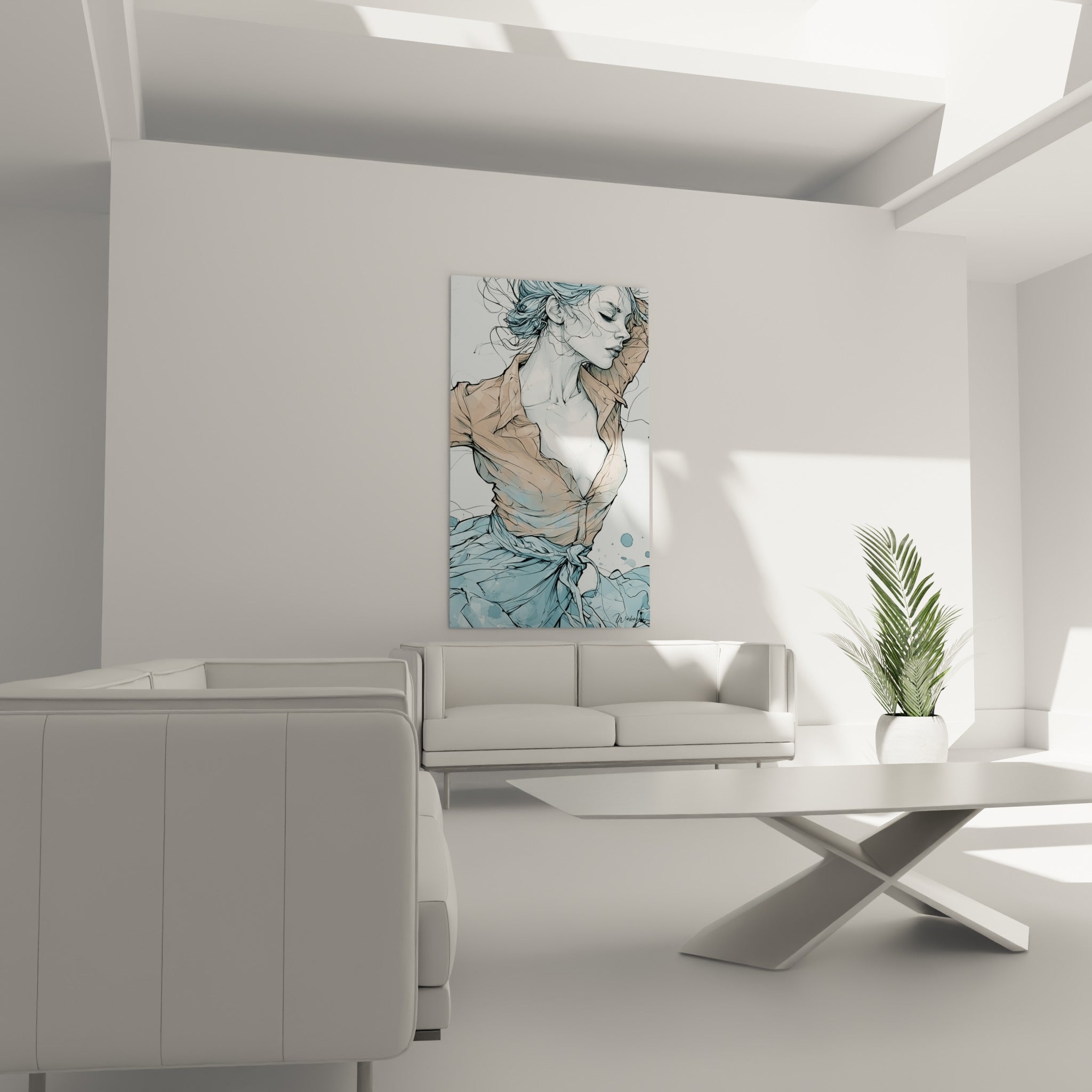 Portrait de danseuse abstrait aux tons terracotta et bleu poudré, au-dessus d'un canapé dans un salon lumineux